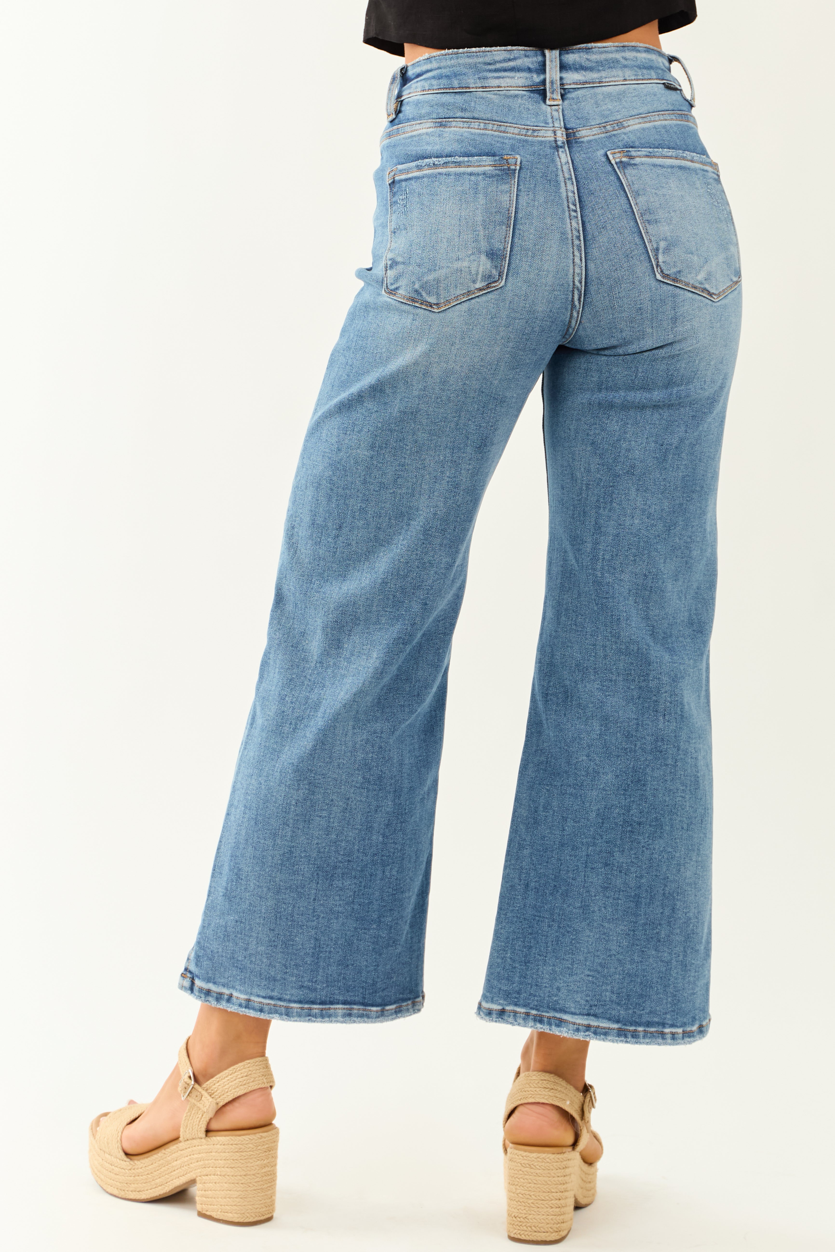 Risen Cropped Frayed Slit Hem Stretchy Wide Jeans Risen Cropped Frayed Slit Hem Stretchy Wide Jeans