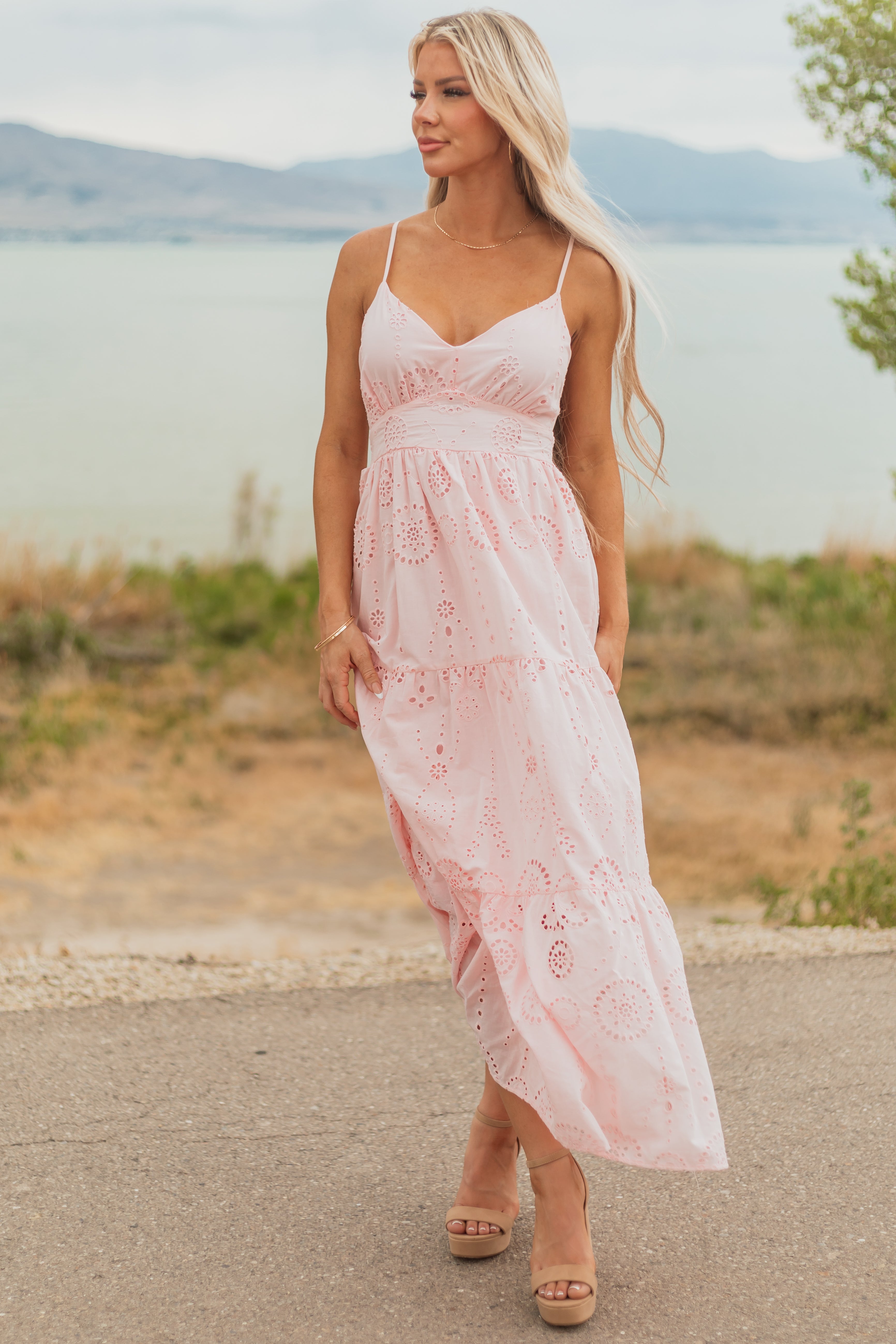 Carnation Floral Eyelet Sleeveless Cotton Maxi Dress Carnation Floral Eyelet Sleeveless Cotton Maxi Dress