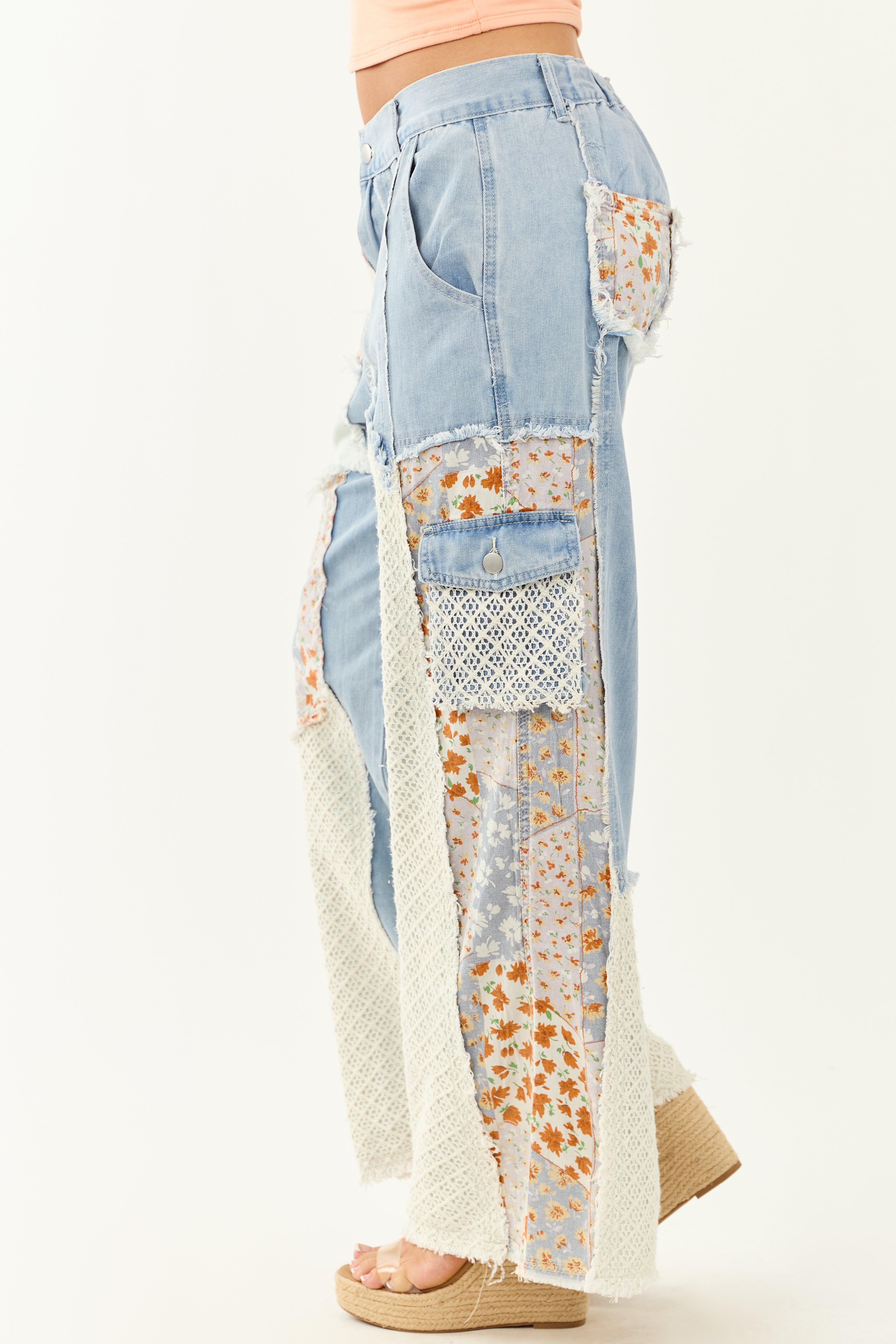 POL Medium Wash Patchwork Wide Leg Cargo Pants POL Medium Wash Patchwork Wide Leg Cargo Pants