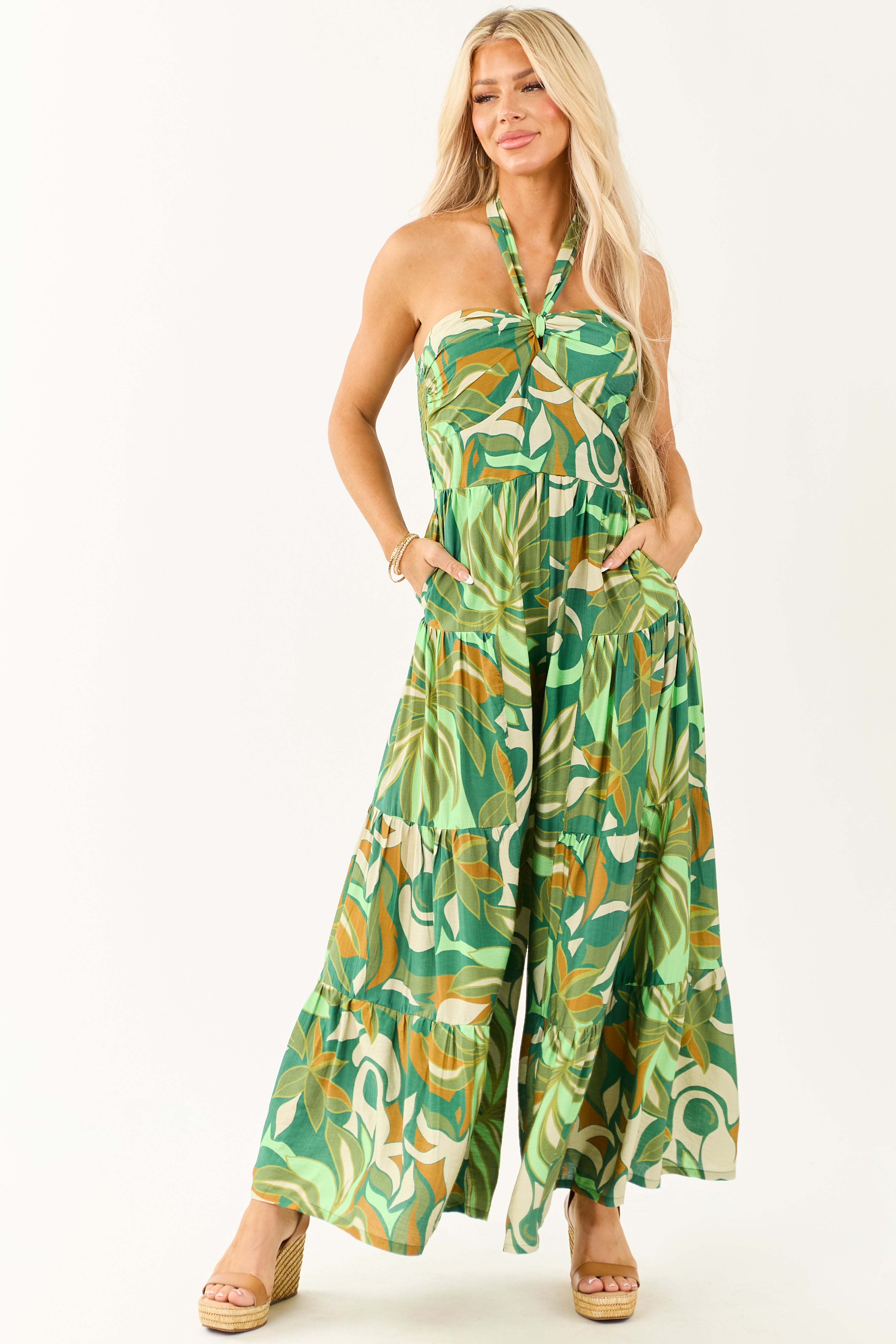 Kiwi Tropical Print Halter Front Tie Jumpsuit Kiwi Tropical Print Halter Front Tie Jumpsuit