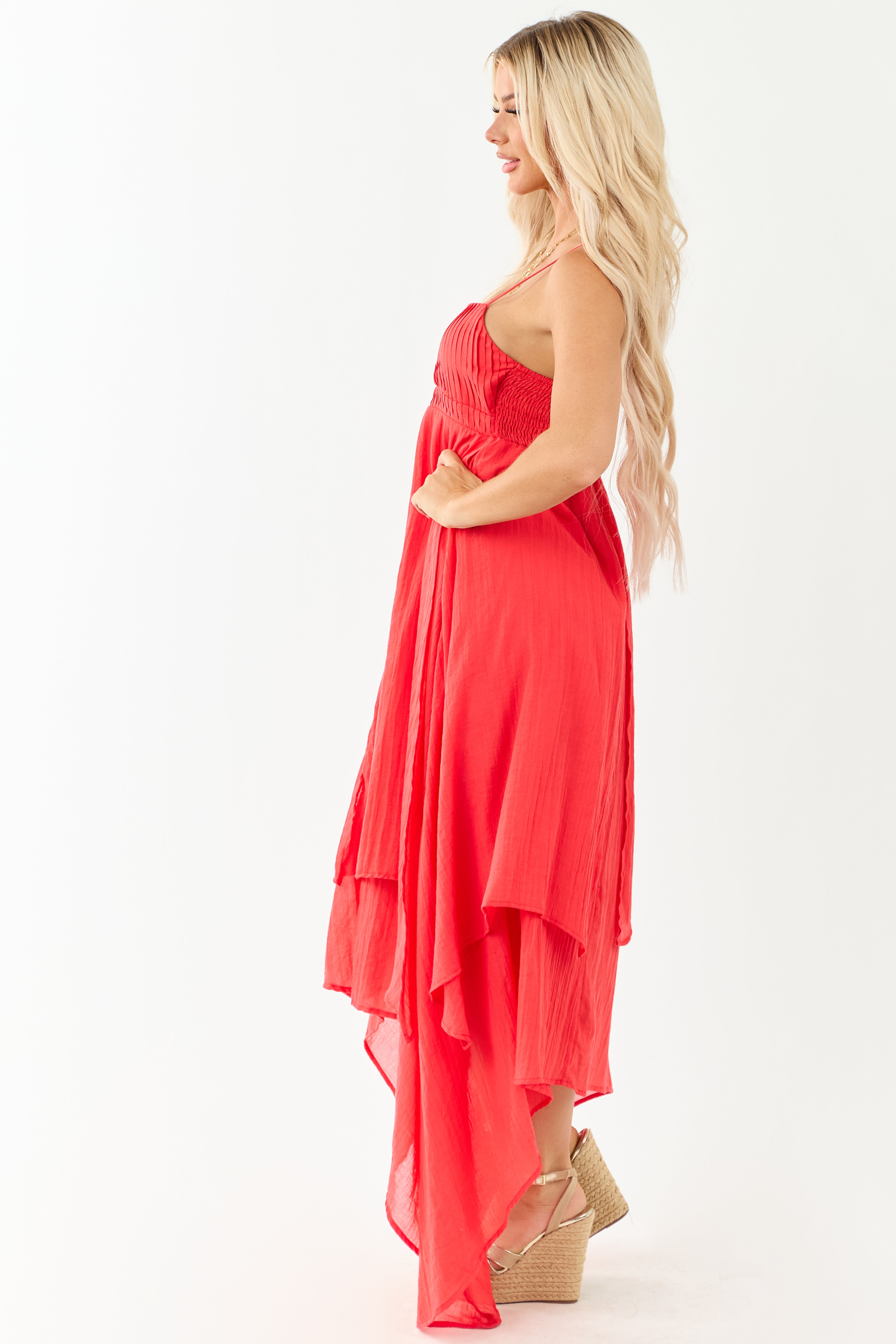 Red Layered Handkerchief Hem Maxi Dress