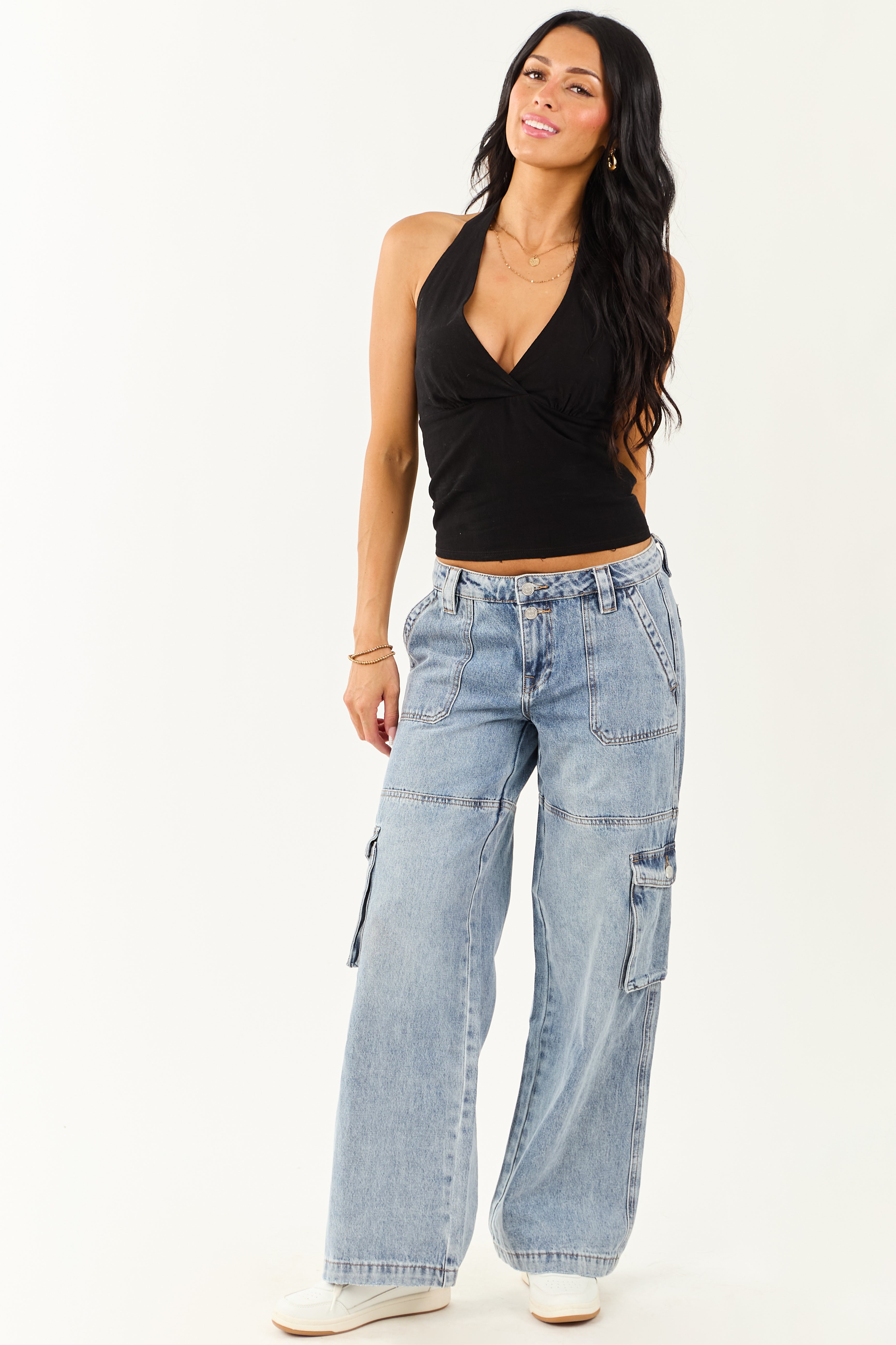 Mica Denim Medium Wash Cargo Wide Leg Jeans