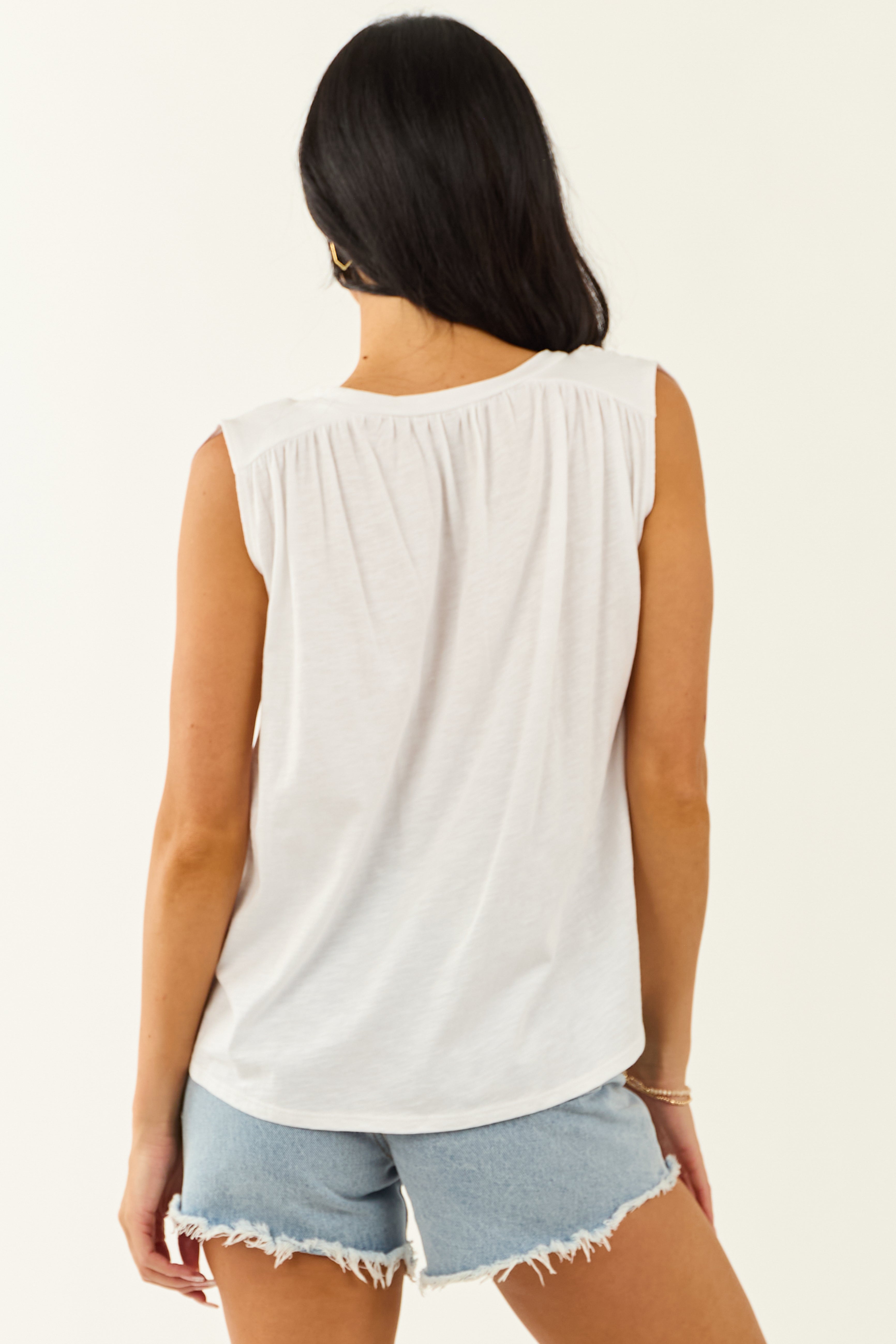 Off White Ruched Shoulder V Neck Relaxed Tank Top