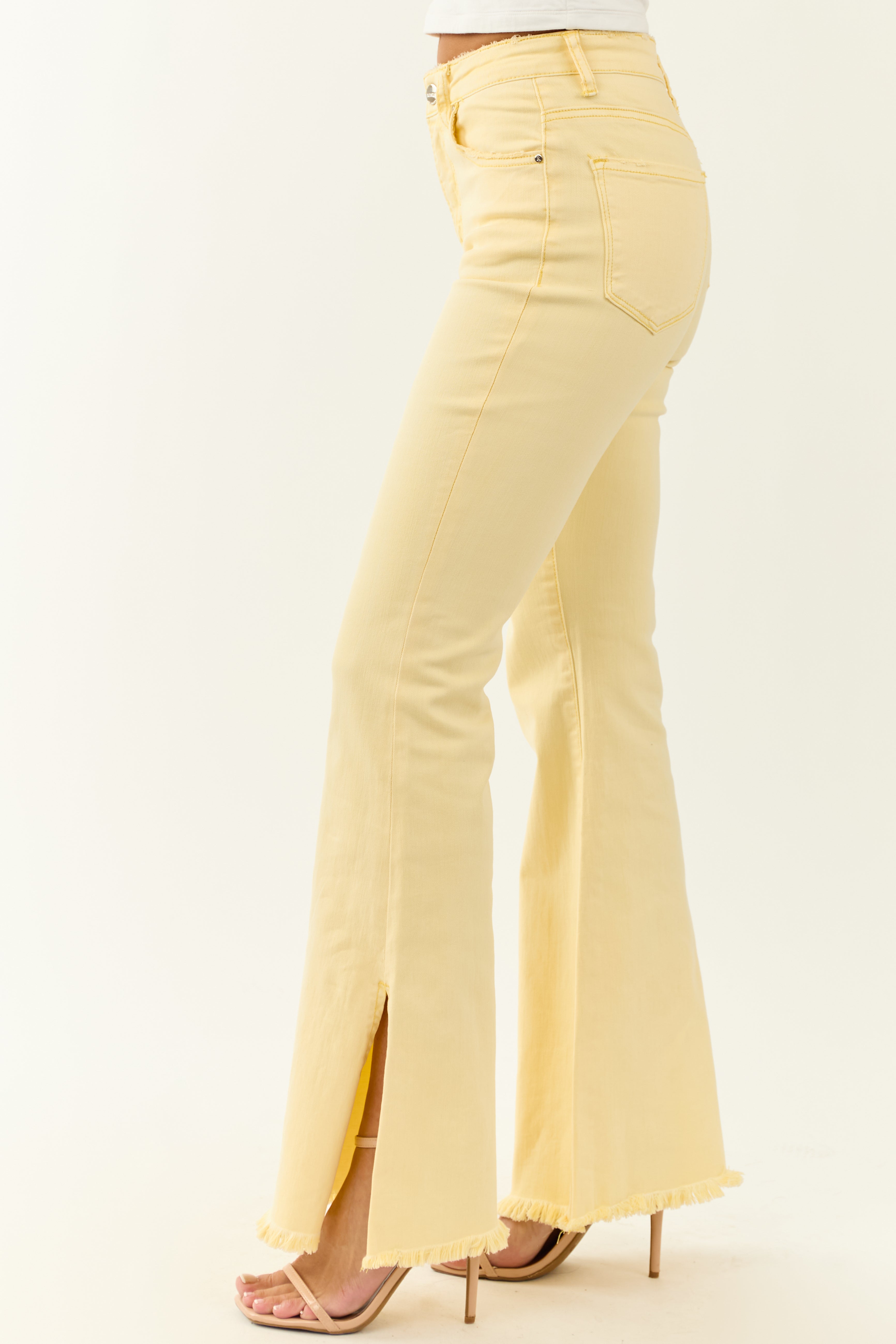 Risen Buttercream Side Slit Stretchy Flare Jeans Risen Buttercream Side Slit Stretchy Flare Jeans