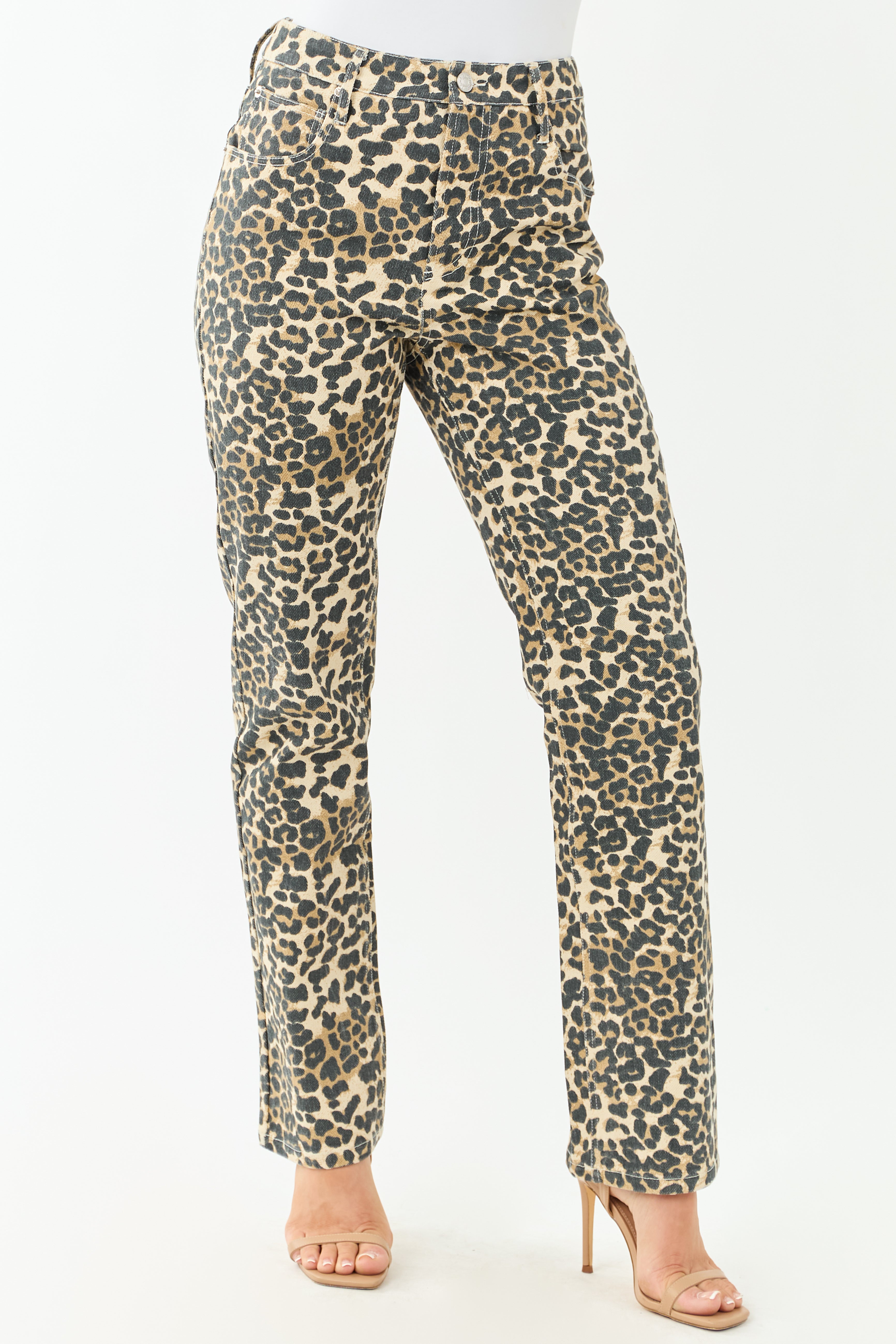 Cream Leopard Print Straight Leg High Rise Jeans Cream Leopard Print Straight Leg High Rise Jeans