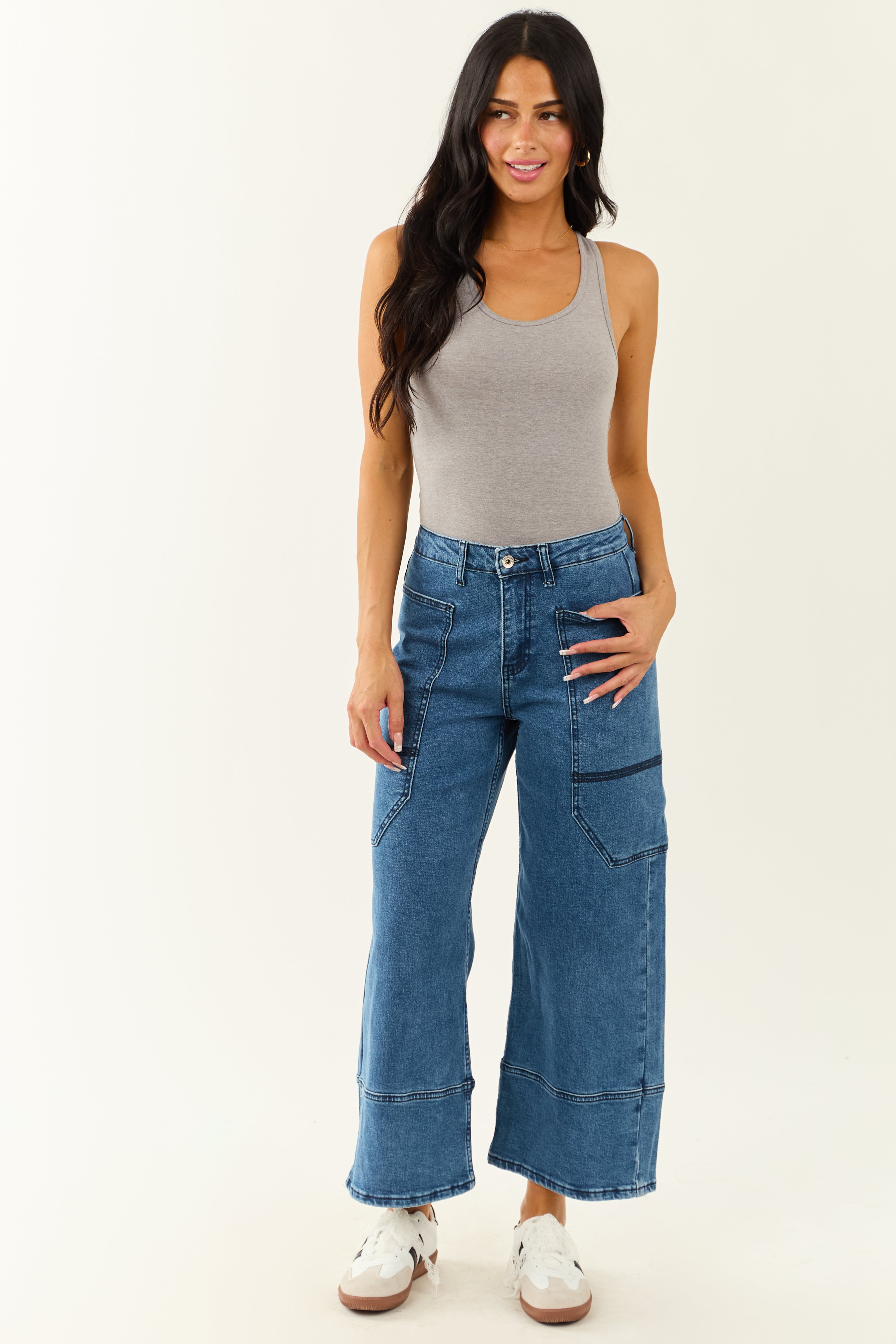Saige Dark Wash Wide Leg Stretchy Wrap Pocket Jeans Saige Dark Wash Wide Leg Stretchy Wrap Pocket Jeans