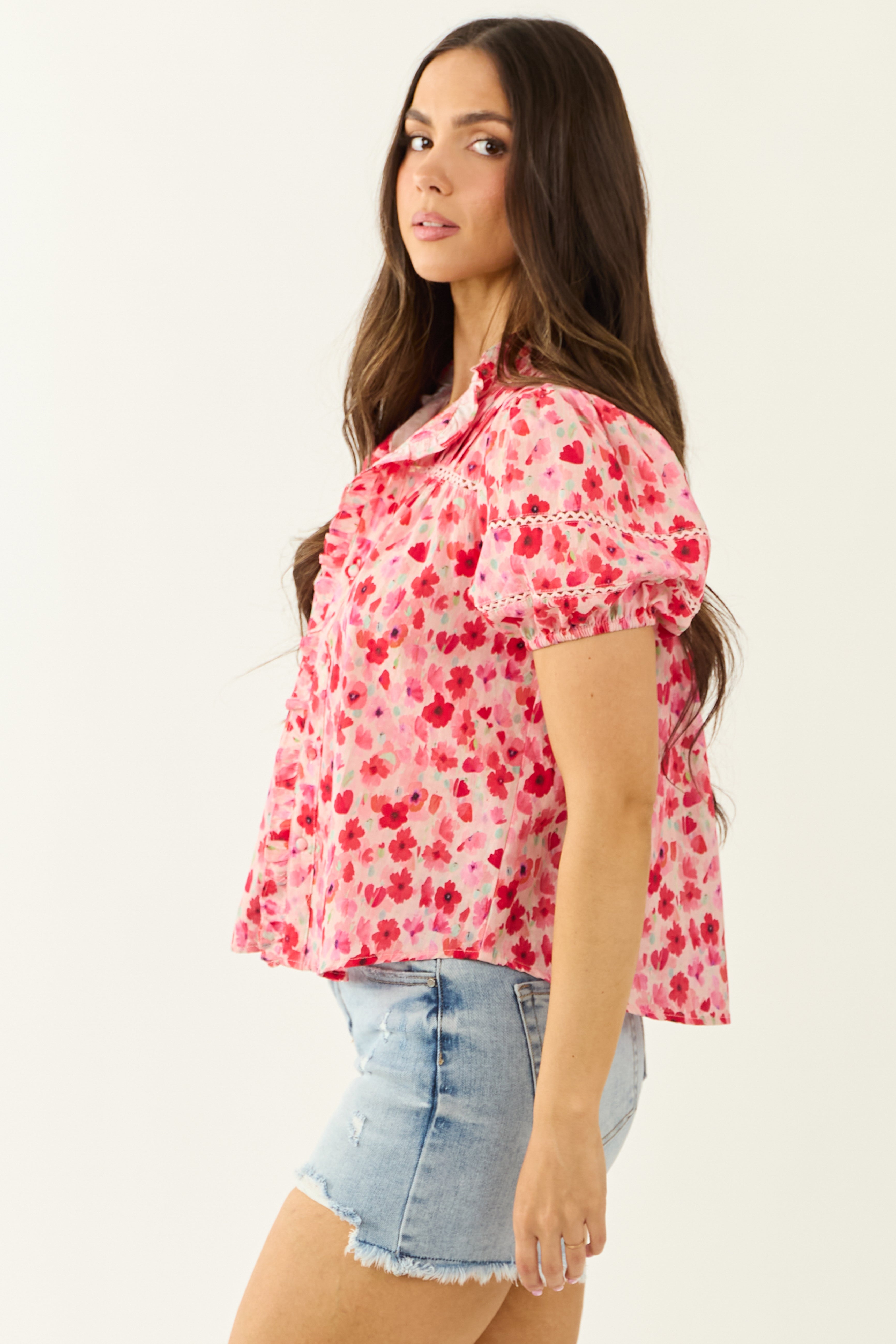 Carnation Floral Print Embroidered Puff Sleeve Blouse Carnation Floral Print Embroidered Puff Sleeve Blouse