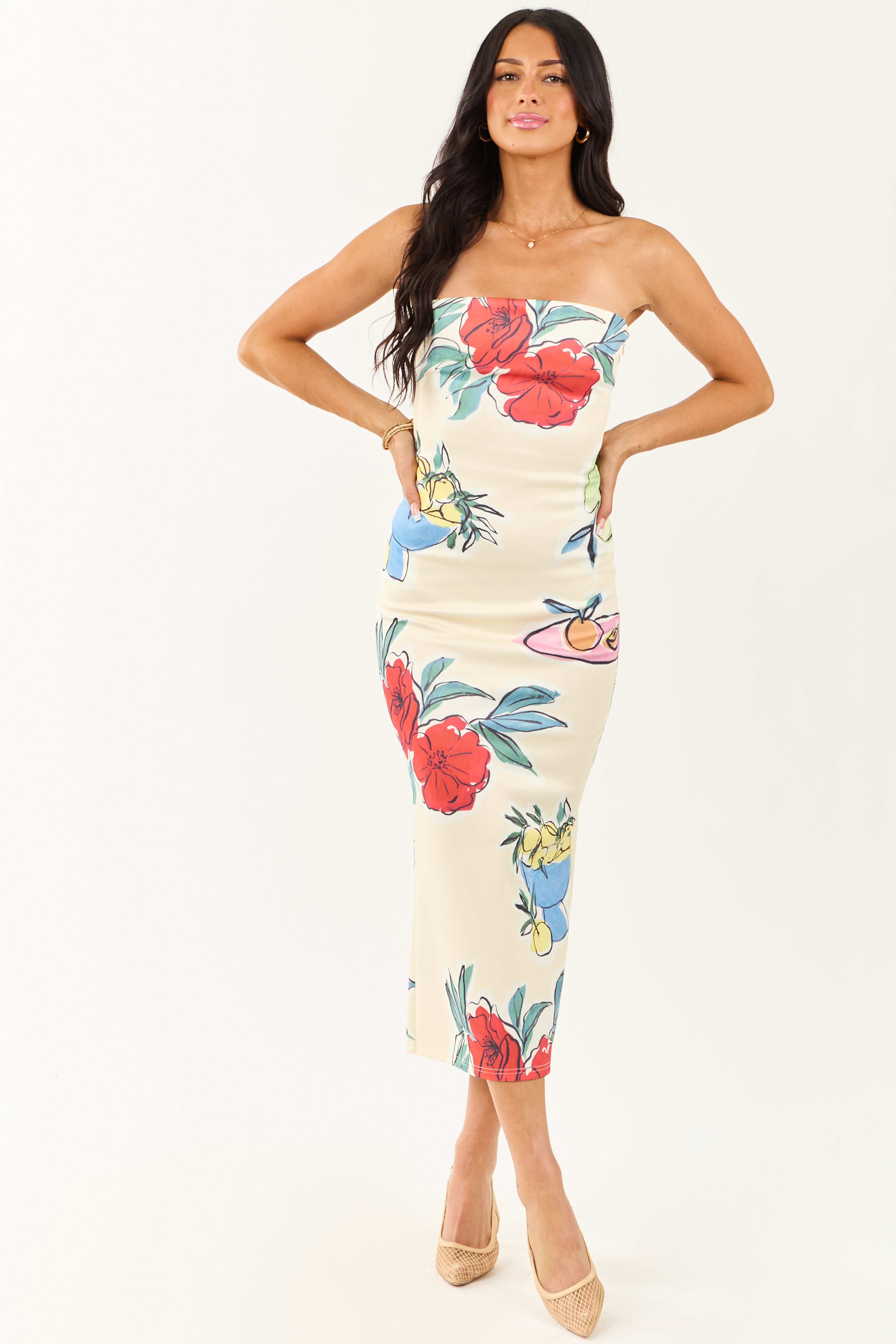 Cream Fruit and Floral Print Strapless Midi Dress Cream Fruit and Floral Print Strapless Midi Dress