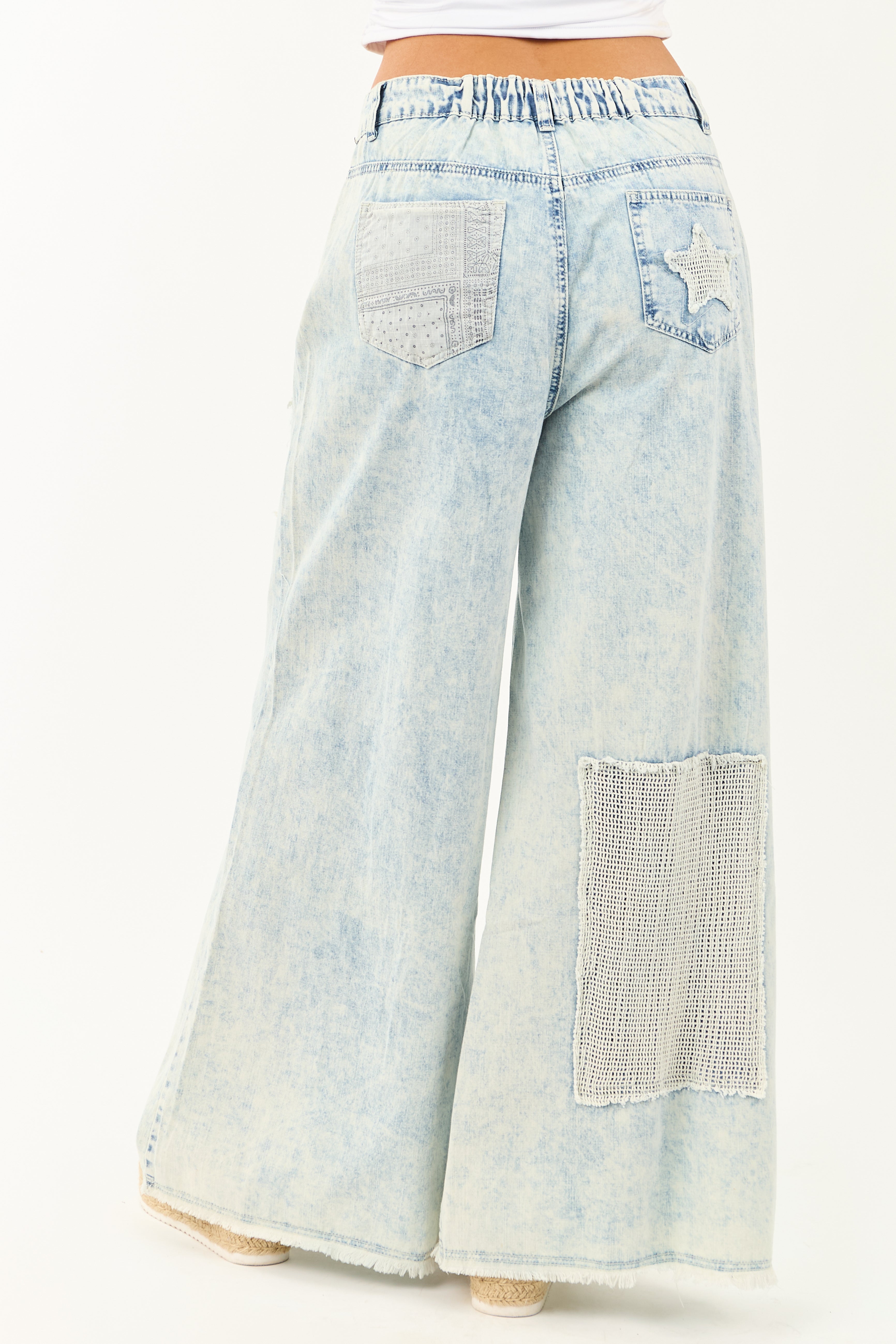 POL Acid Wash Patchwork Lightweight Denim Pants POL Acid Wash Patchwork Lightweight Denim Pants