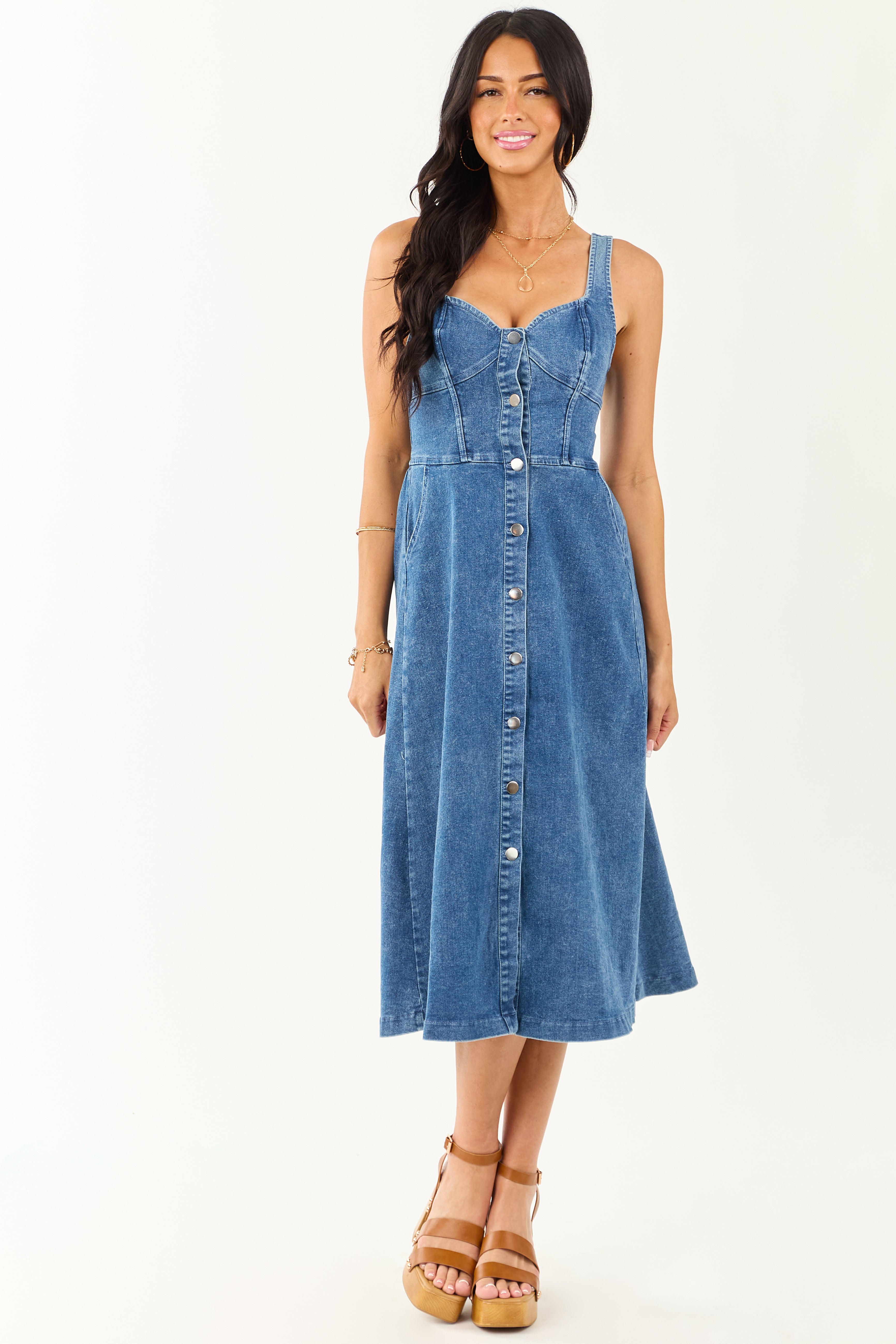 Medium Wash Button Down Sleeveless Denim Midi Dress