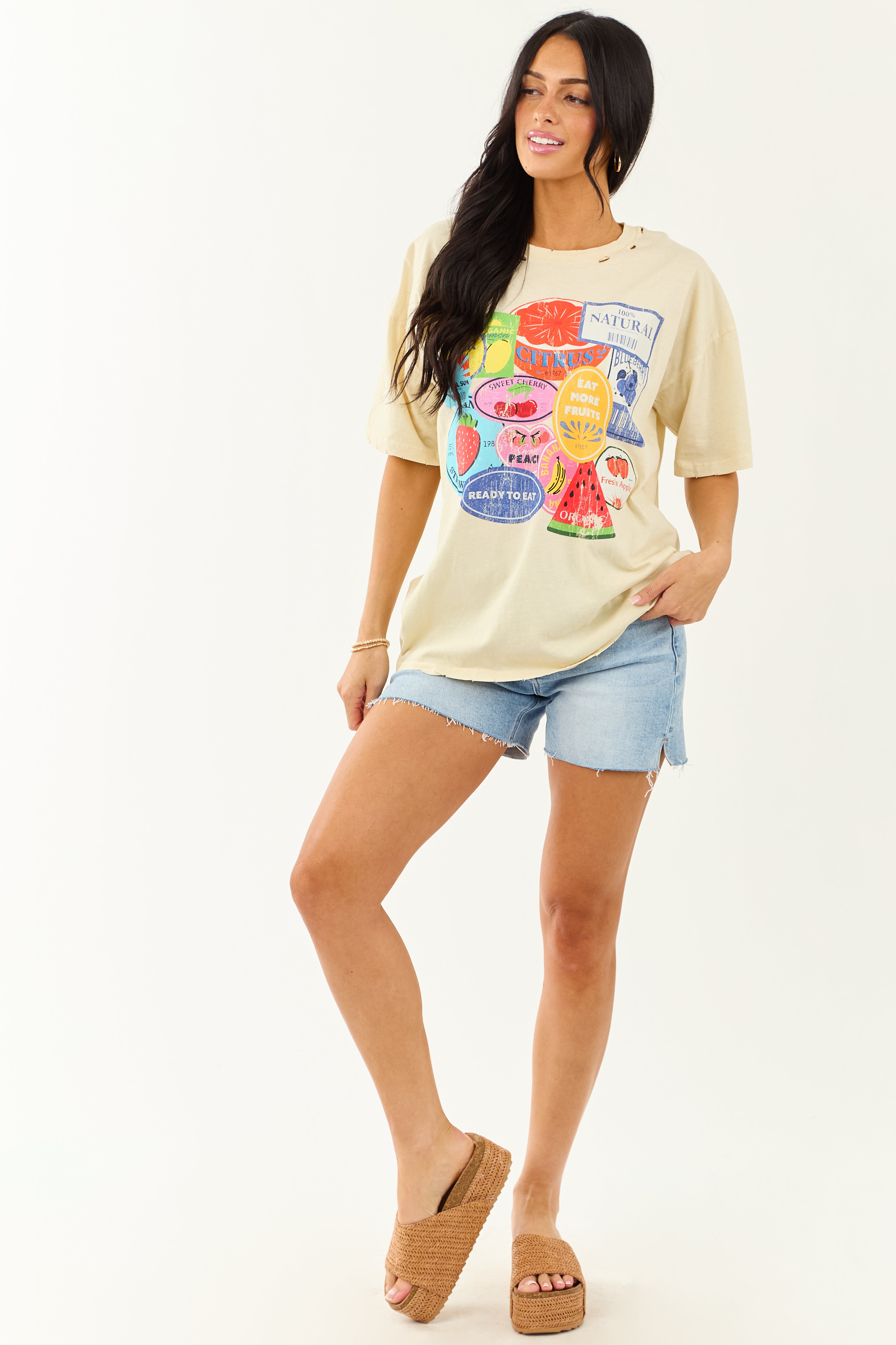 Almond Fruit Sticker Graphic Distressed Cotton Tee Almond Fruit Sticker Graphic Distressed Cotton Tee