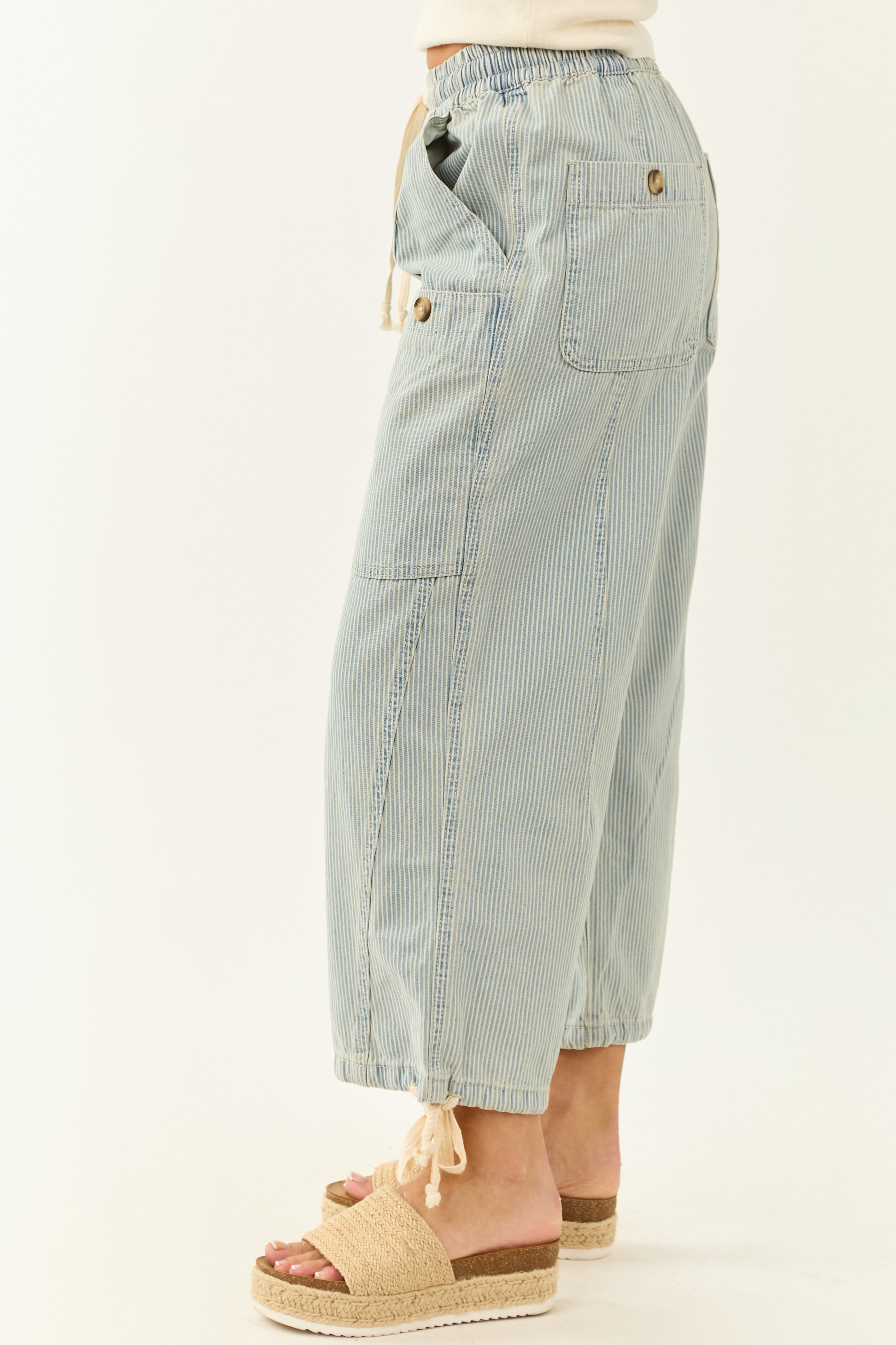 Light Wash Railroad Stripe High Rise Drawstring Pants