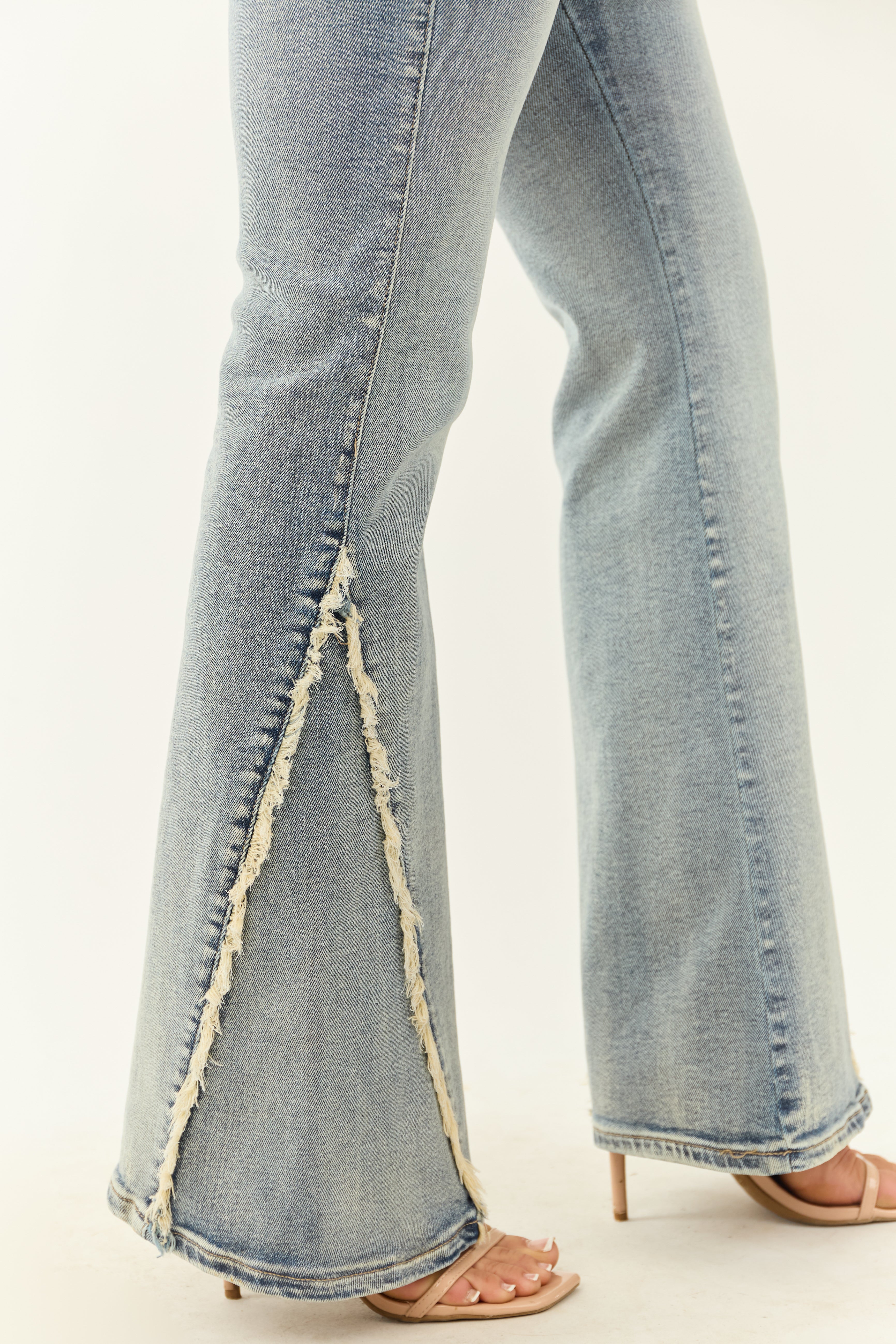 Cello Vintage Wash Stretchy Frayed Seam Flare Jeans