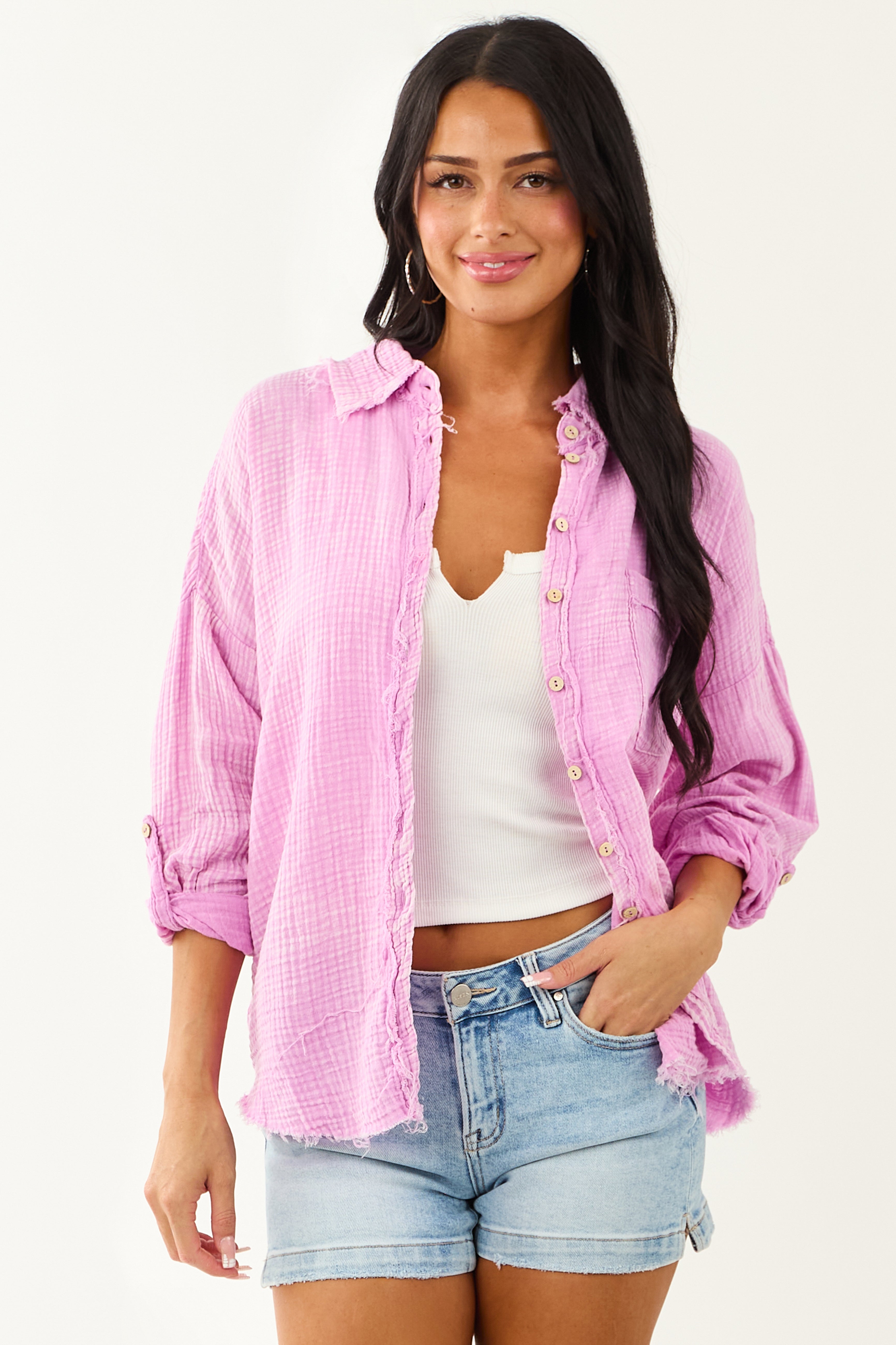 Orchid Washed Double Gauze Cotton Button Down Top Orchid Washed Double Gauze Cotton Button Down Top
