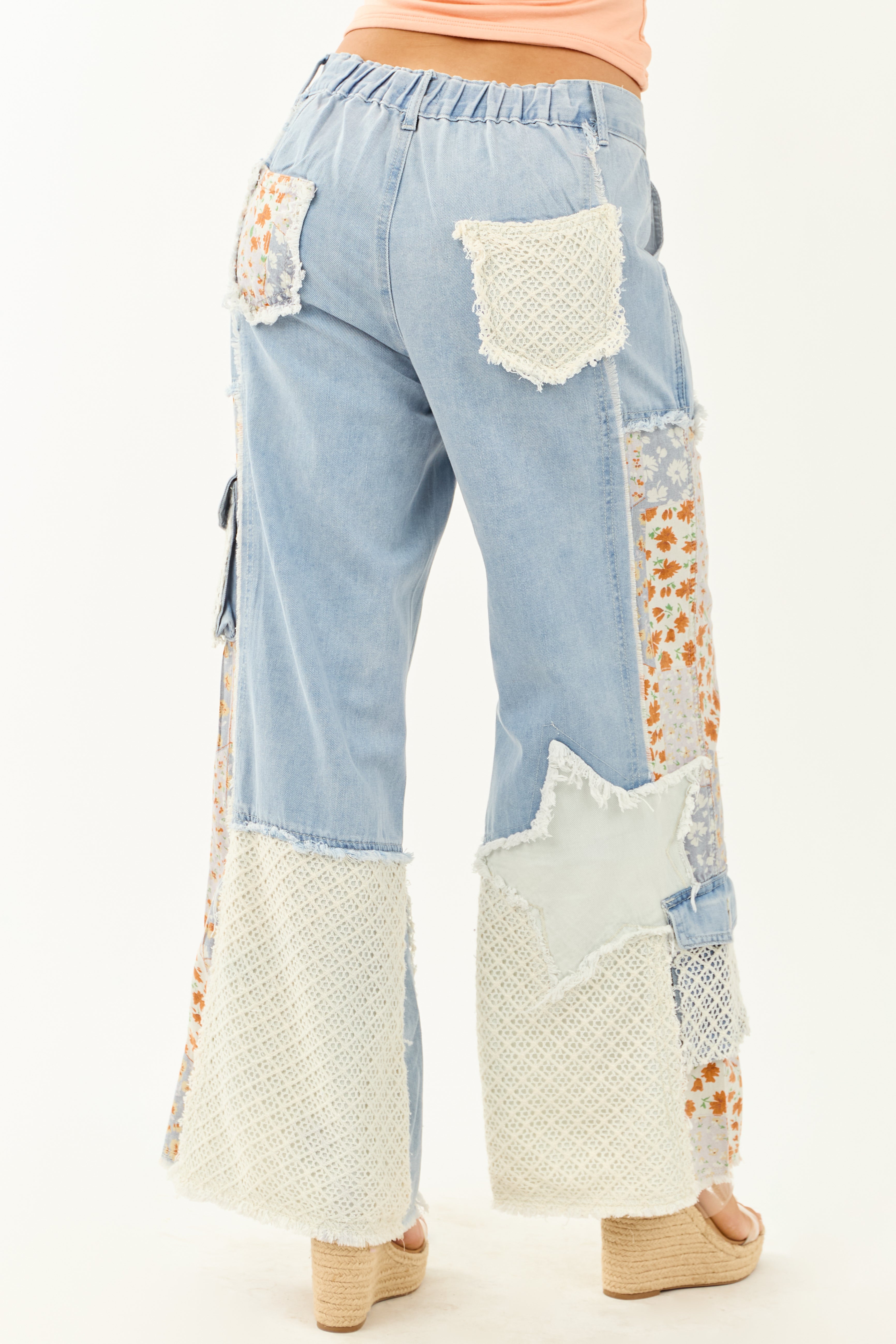 POL Medium Wash Patchwork Wide Leg Cargo Pants POL Medium Wash Patchwork Wide Leg Cargo Pants