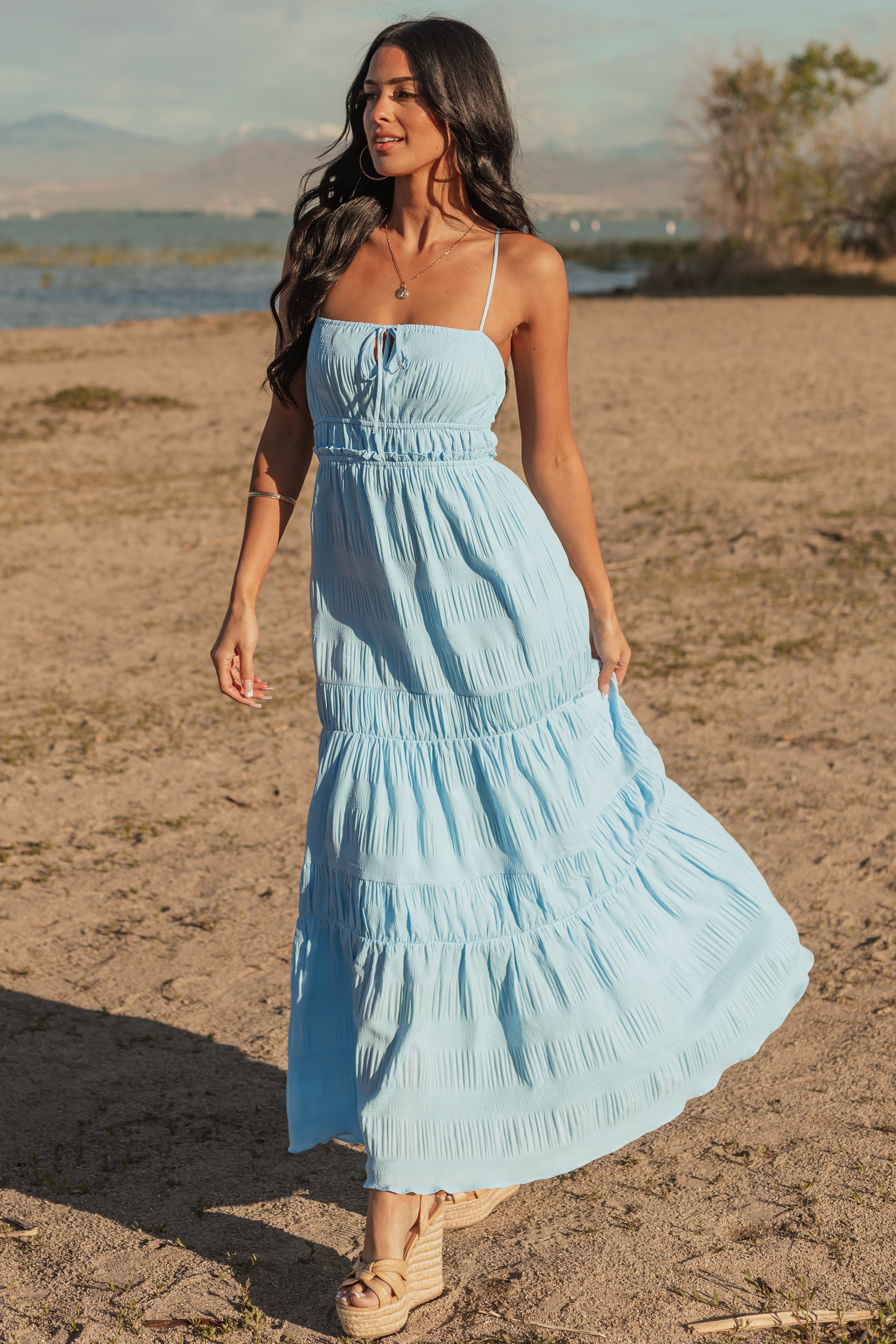 Sky Blue Ruched Tiered Sleeveless Maxi Dress Sky Blue Ruched Tiered Sleeveless Maxi Dress