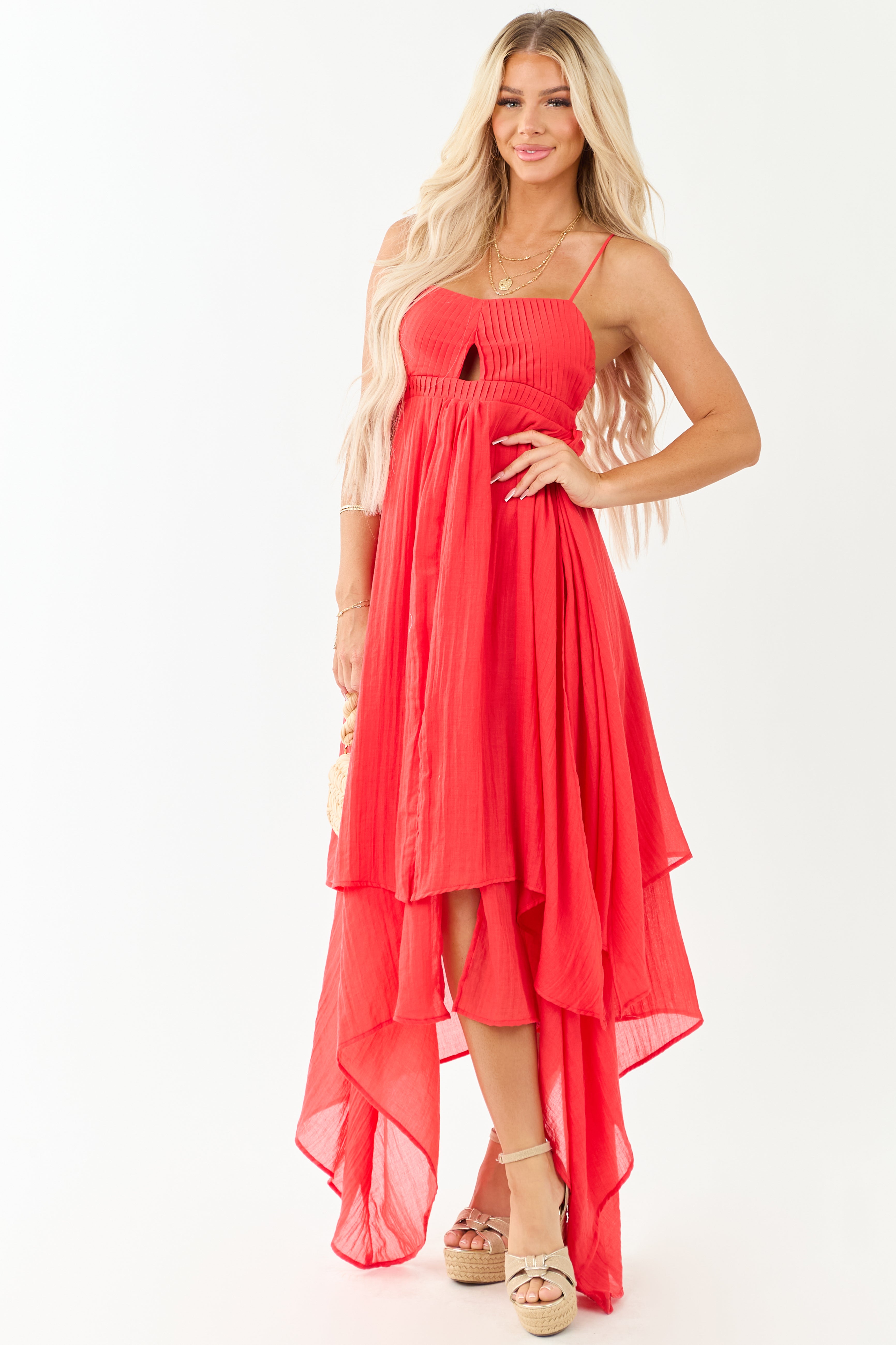 Red Layered Handkerchief Hem Maxi Dress