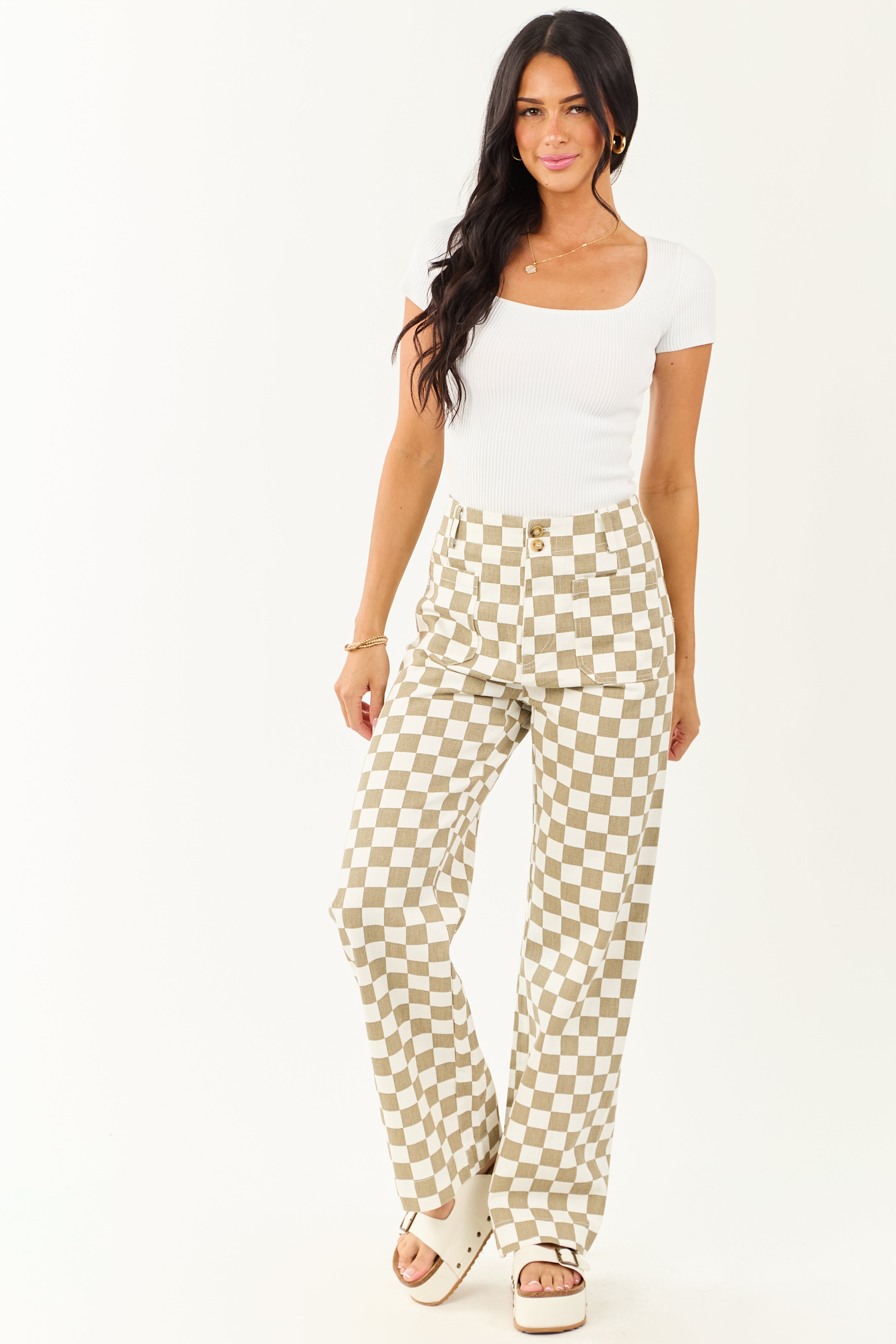 Olive and Ivory Checkered Denim Wide Leg Pants