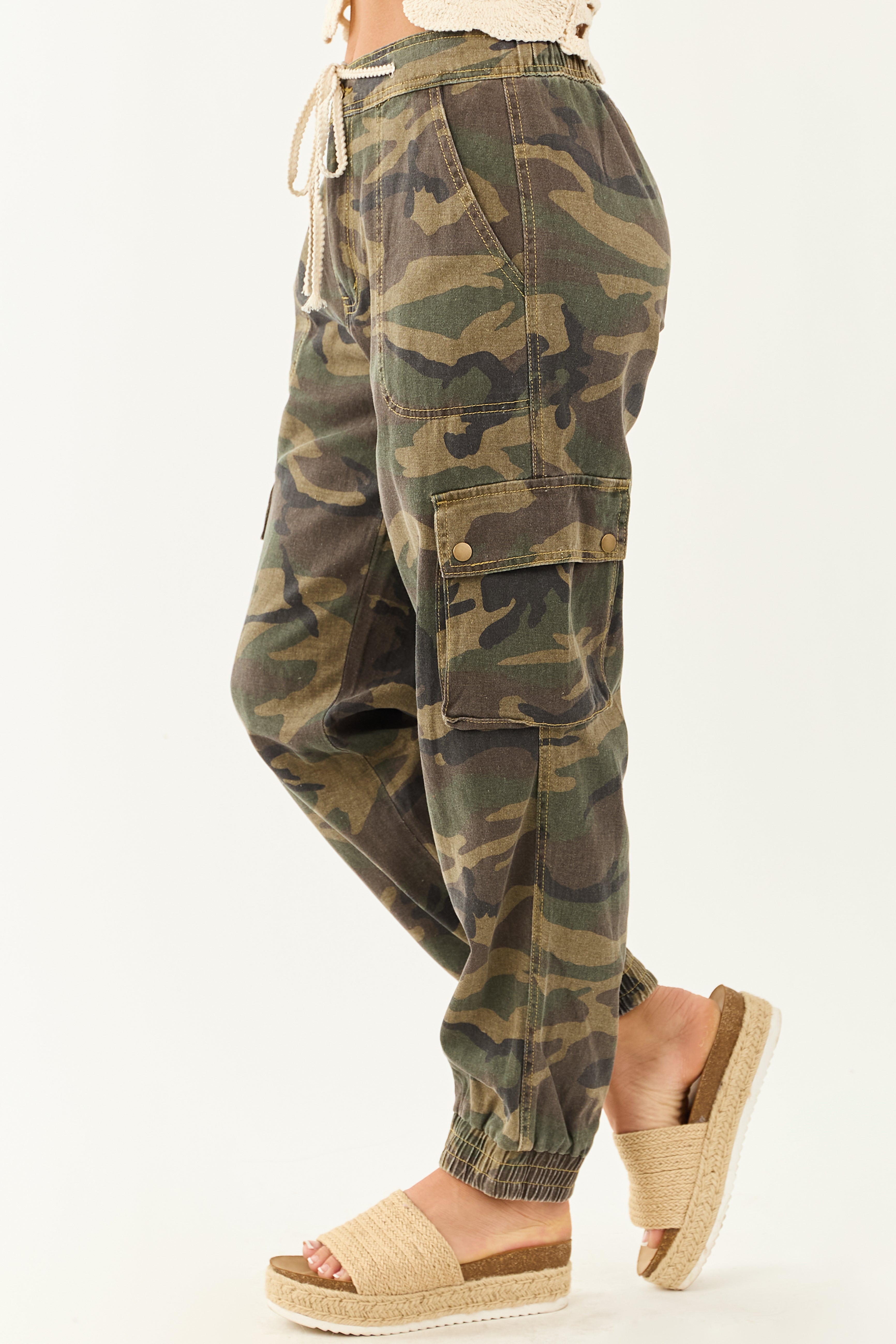 POL Army Green Camouflage Print Denim Cargo Joggers POL Army Green Camouflage Print Denim Cargo Joggers