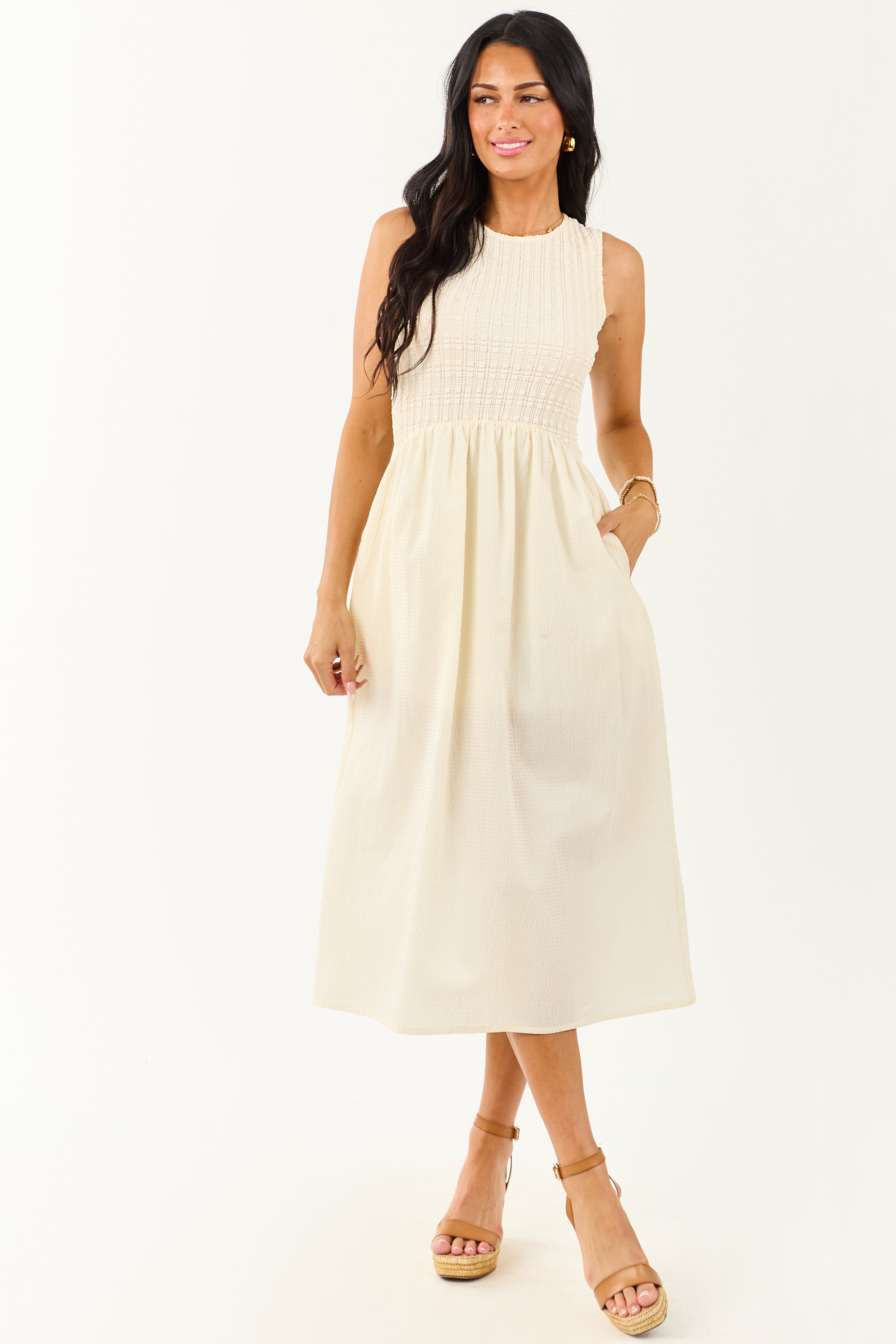 Cream Textured Bodice Contrast Skirt Midi Dress Cream Textured Bodice Contrast Skirt Midi Dress