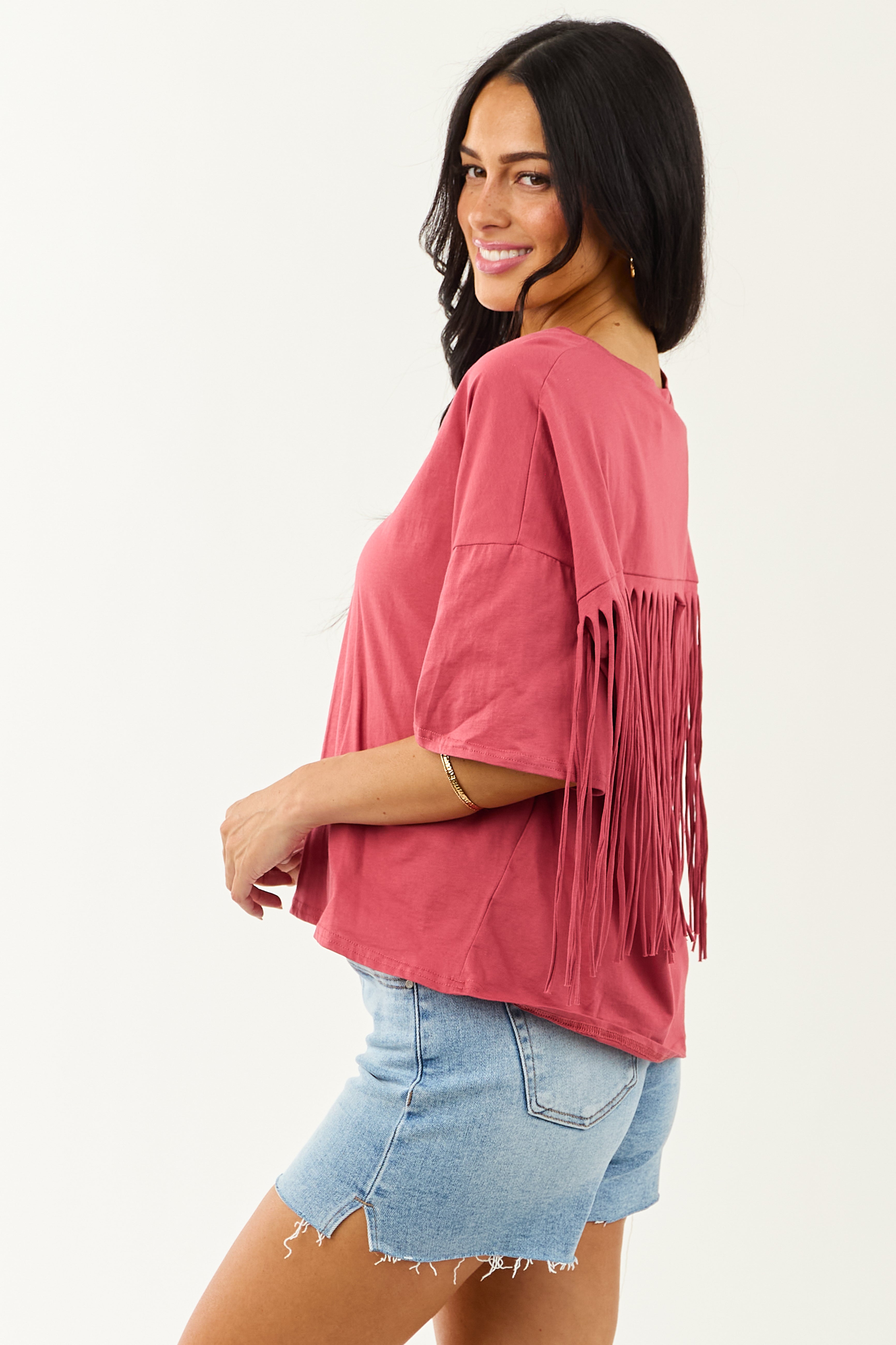 Marsala Half Sleeve Cotton Back Fringe Top Marsala Half Sleeve Cotton Back Fringe Top