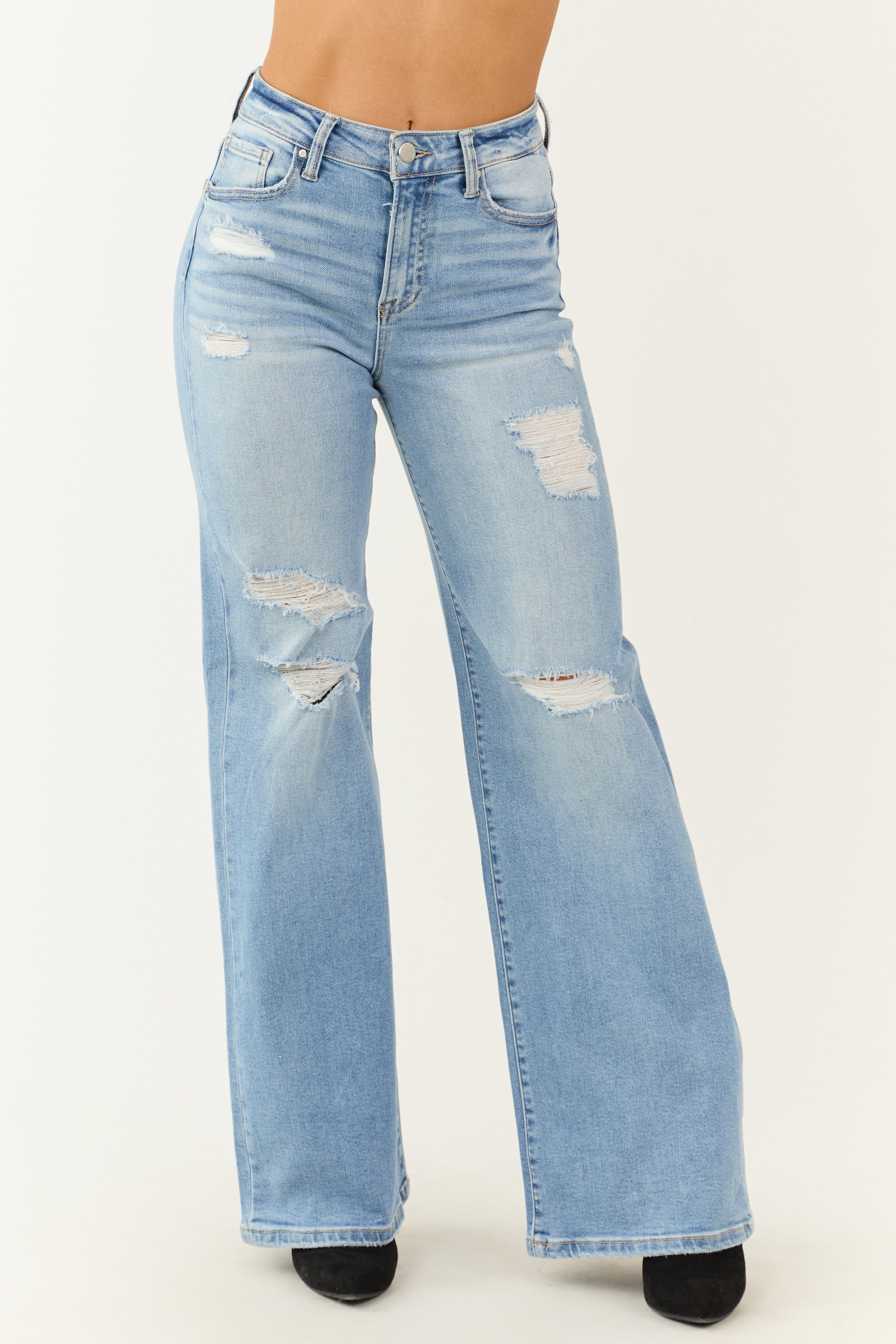 Risen Light Wash Distressed Bootcut Jeans Risen Light Wash Distressed Bootcut Jeans