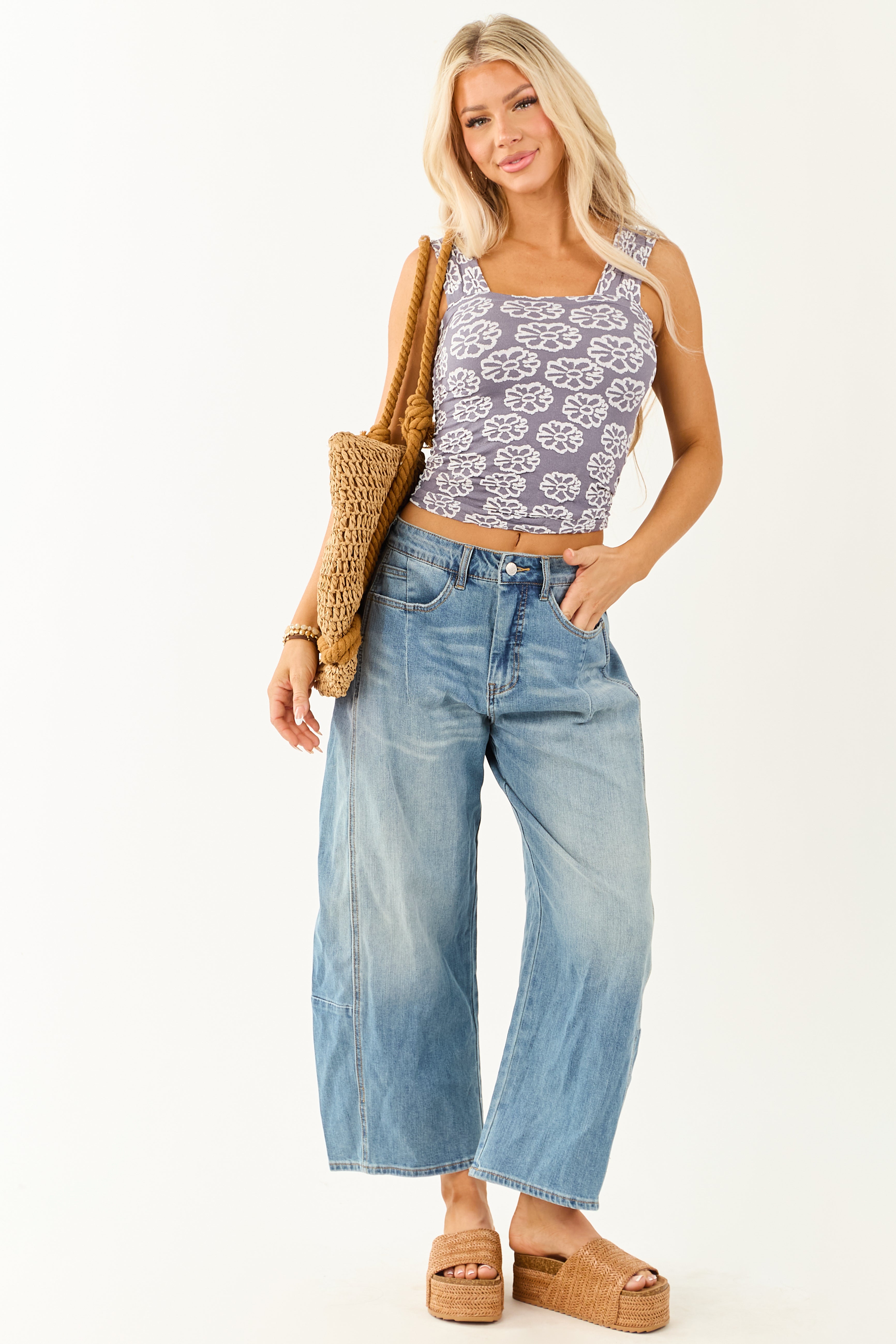 Slate Blue Textured Floral Cropped Tank Top