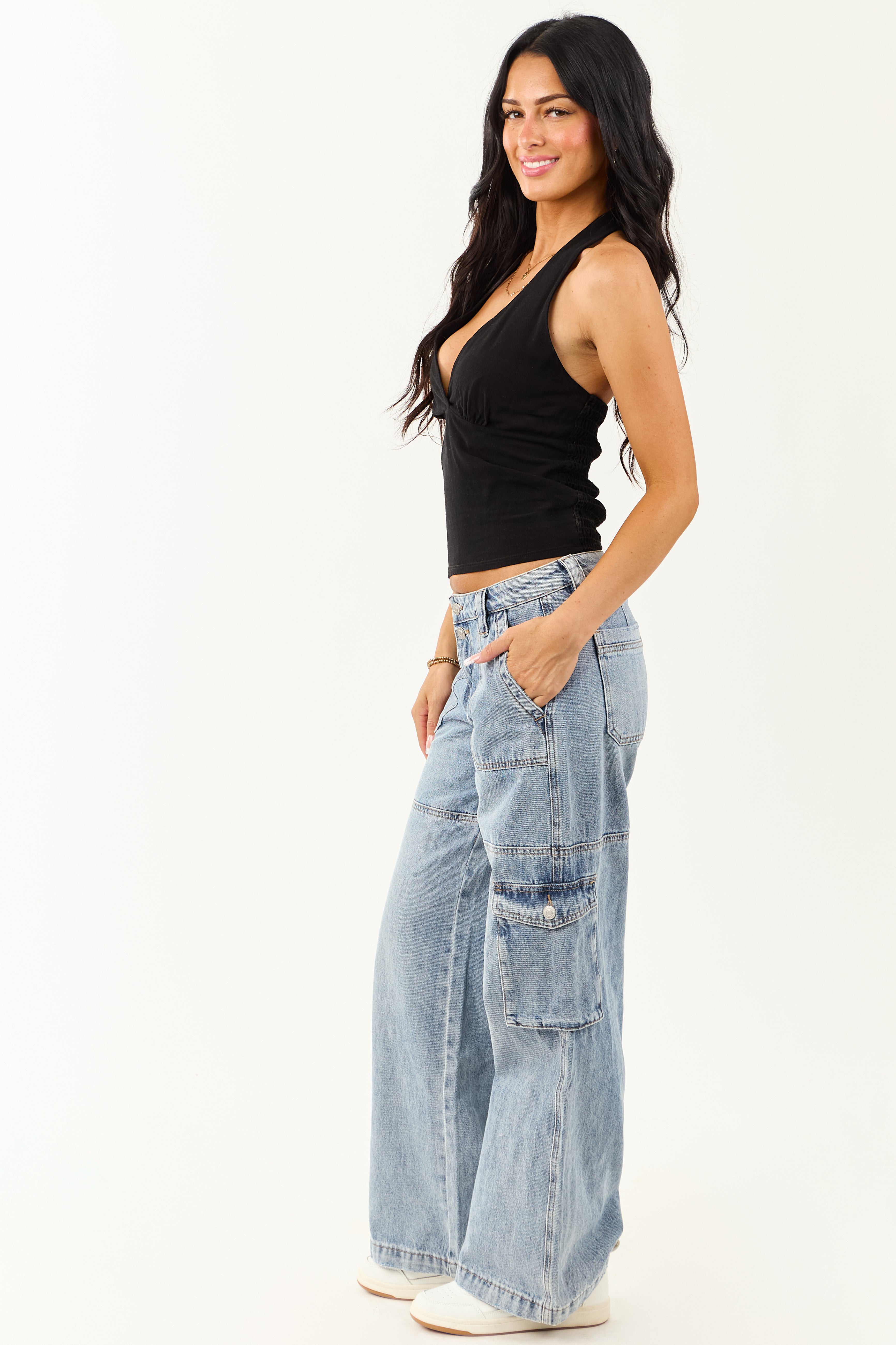 Mica Denim Medium Wash Cargo Wide Leg Jeans