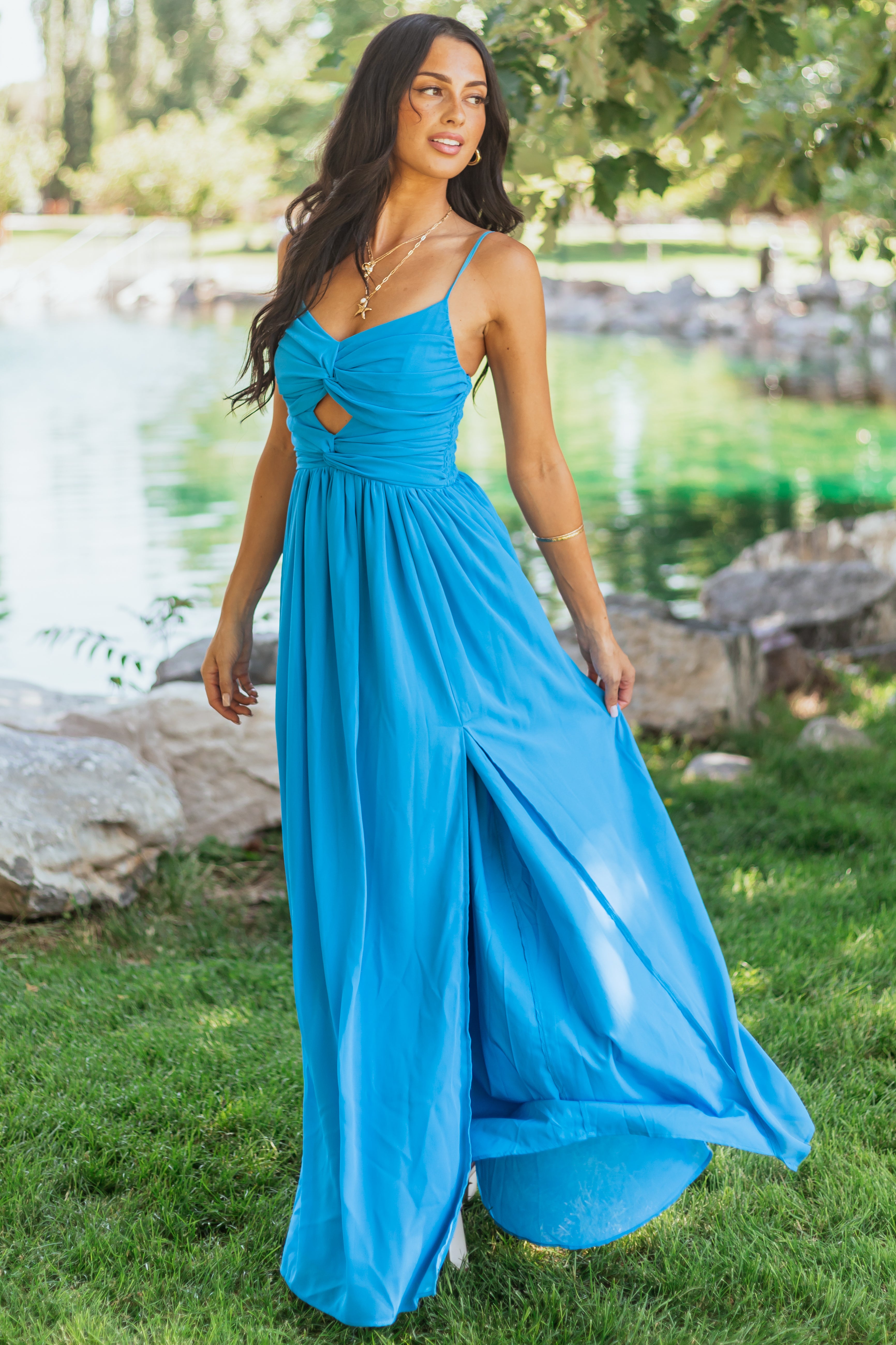 Azure Flowy Chiffon Front Twist Maxi Dress