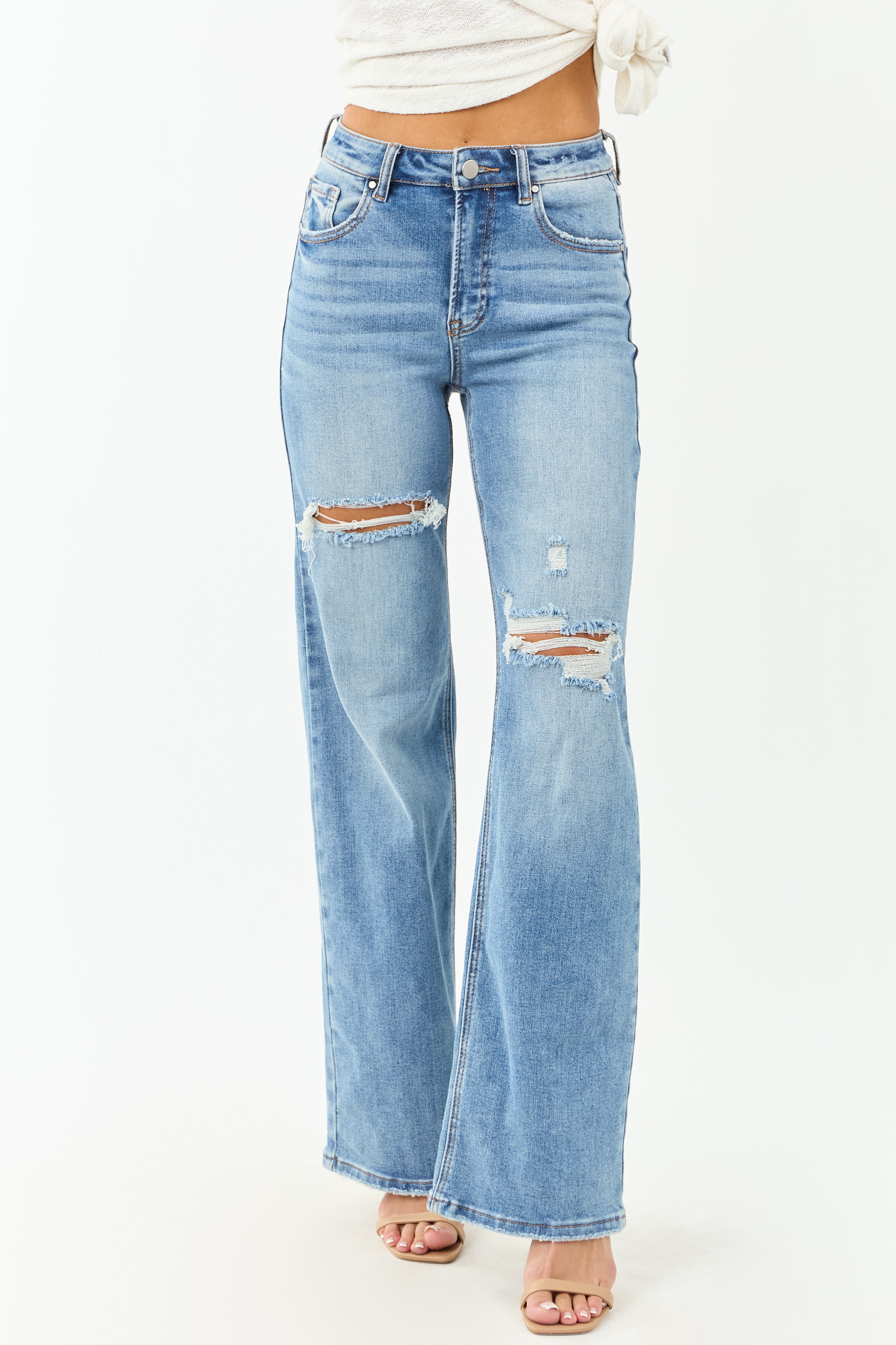 Risen Medium Wash Distressed Stretchy Wide Leg Jeans Risen Medium Wash Distressed Stretchy Wide Leg Jeans