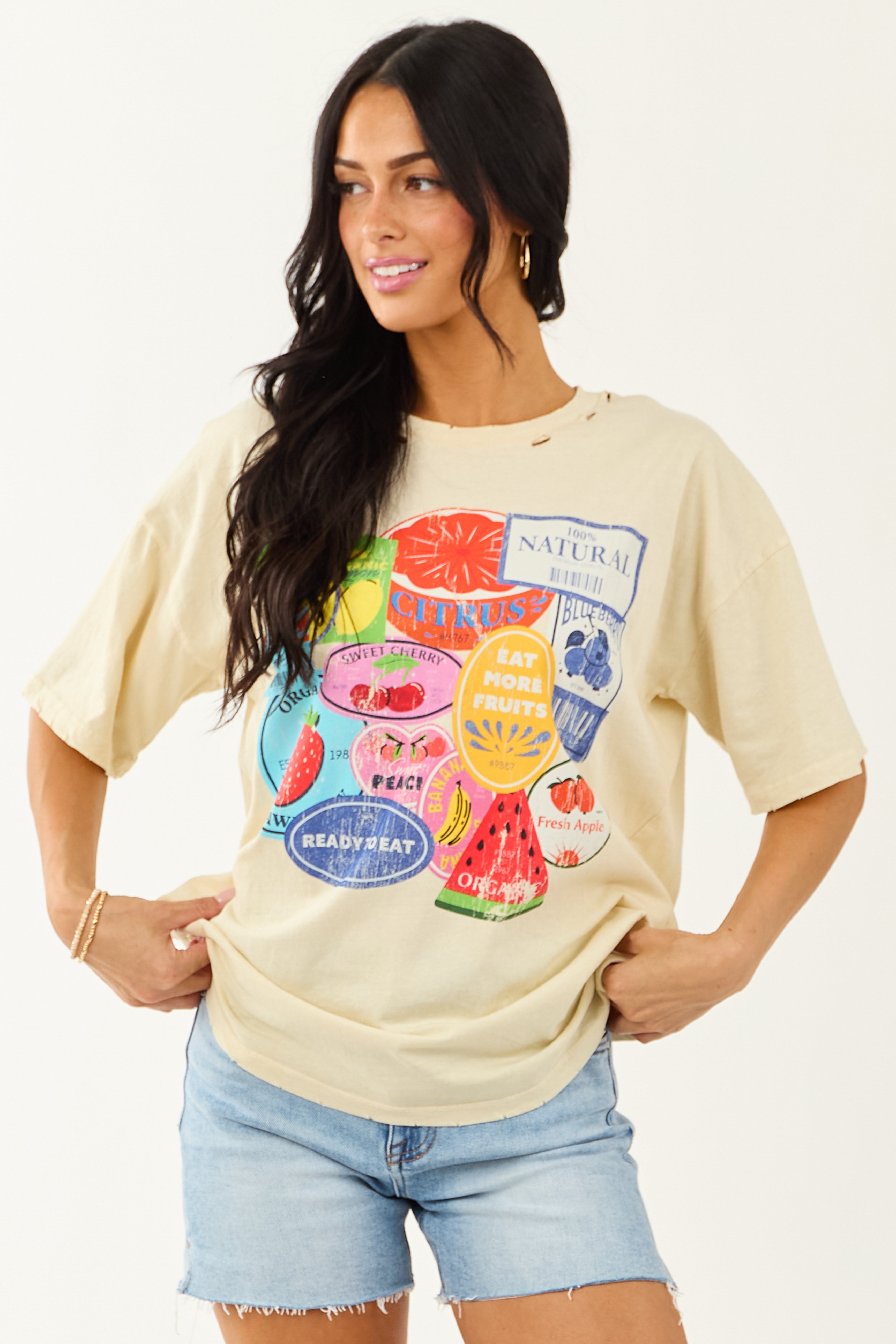 Almond Fruit Sticker Graphic Distressed Cotton Tee