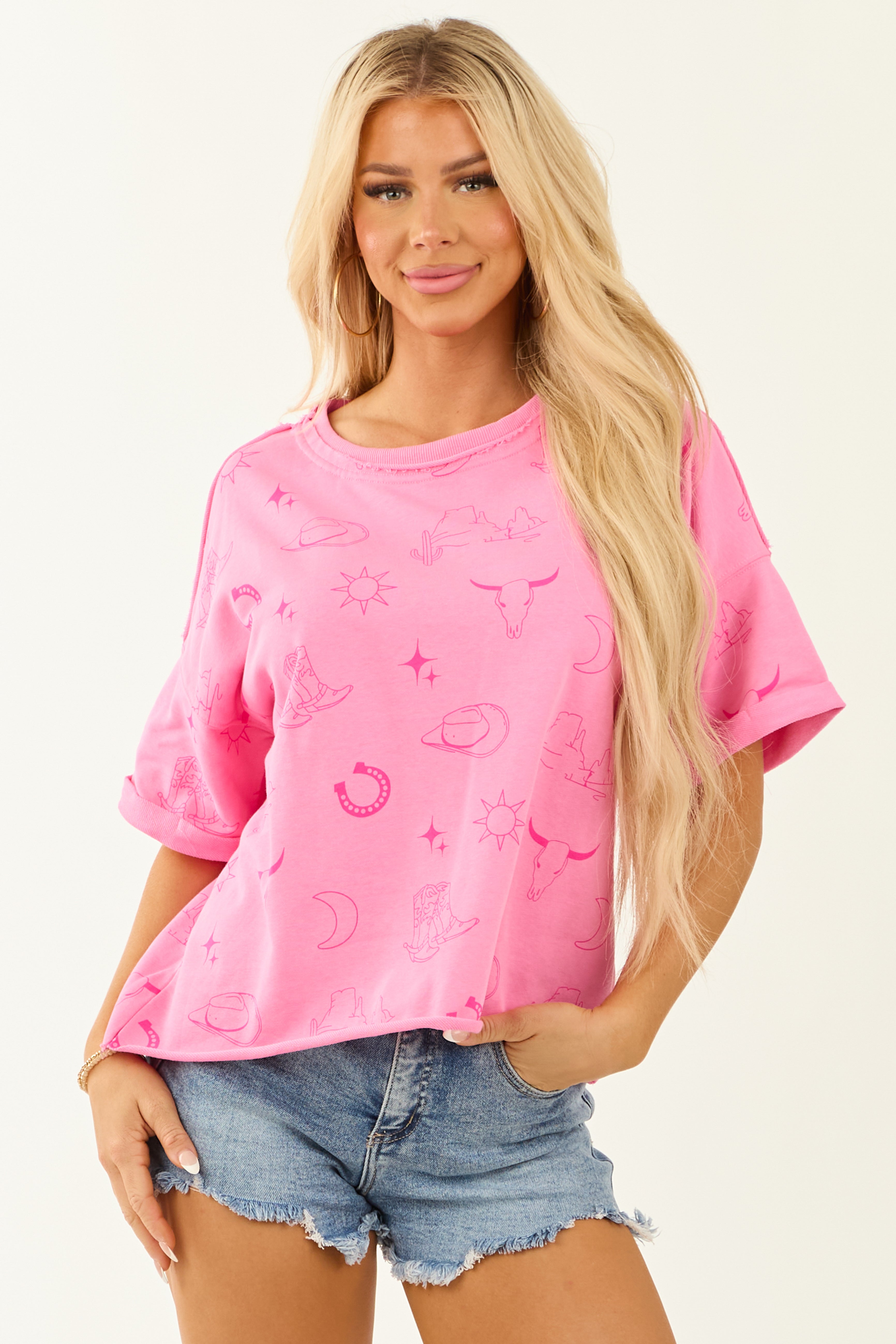 Fuchsia Western Print Short Sleeve Terry Top Fuchsia Western Print Short Sleeve Terry Top