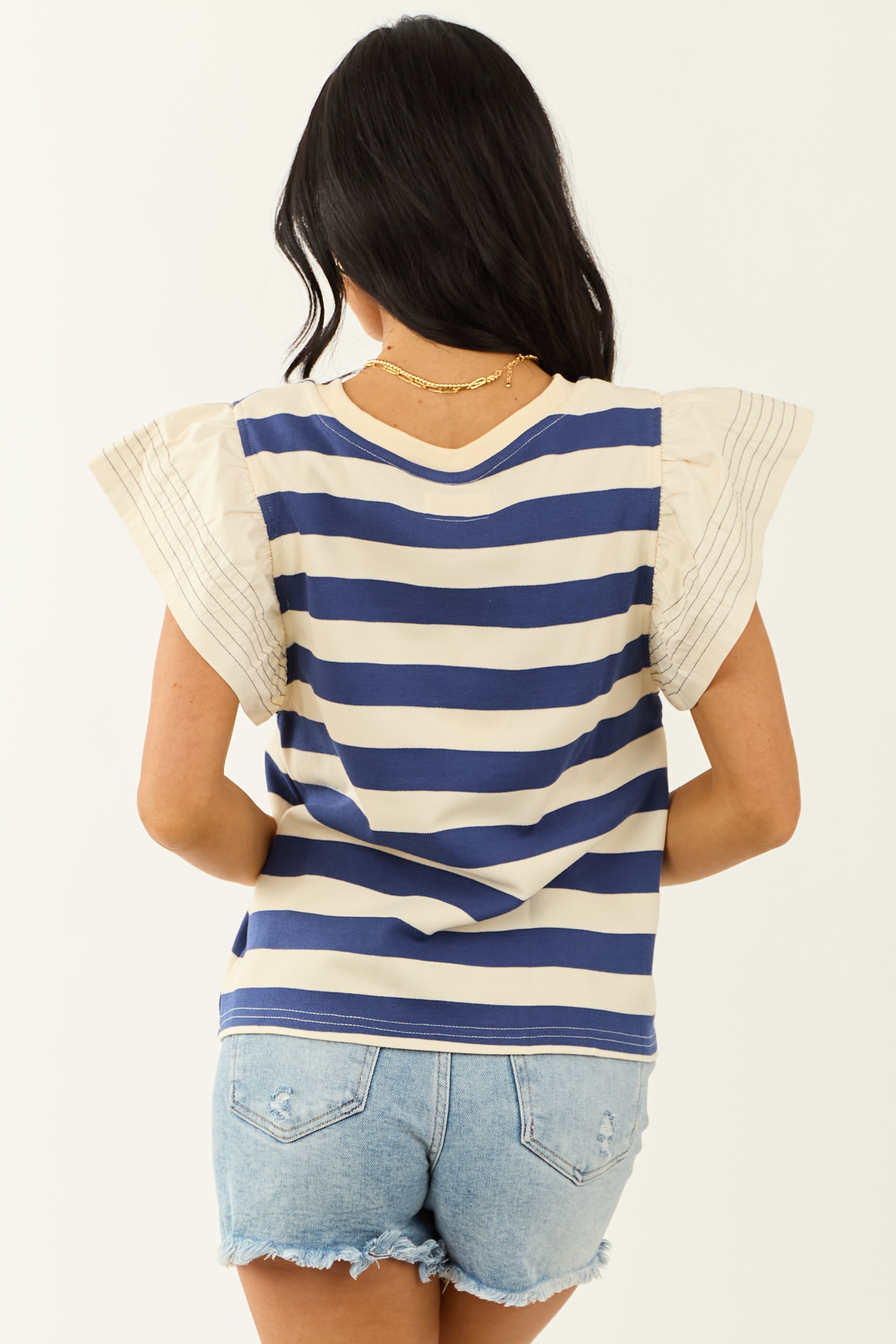 Navy and Cream Striped Ruffle Sleeve Top Navy and Cream Striped Ruffle Sleeve Top