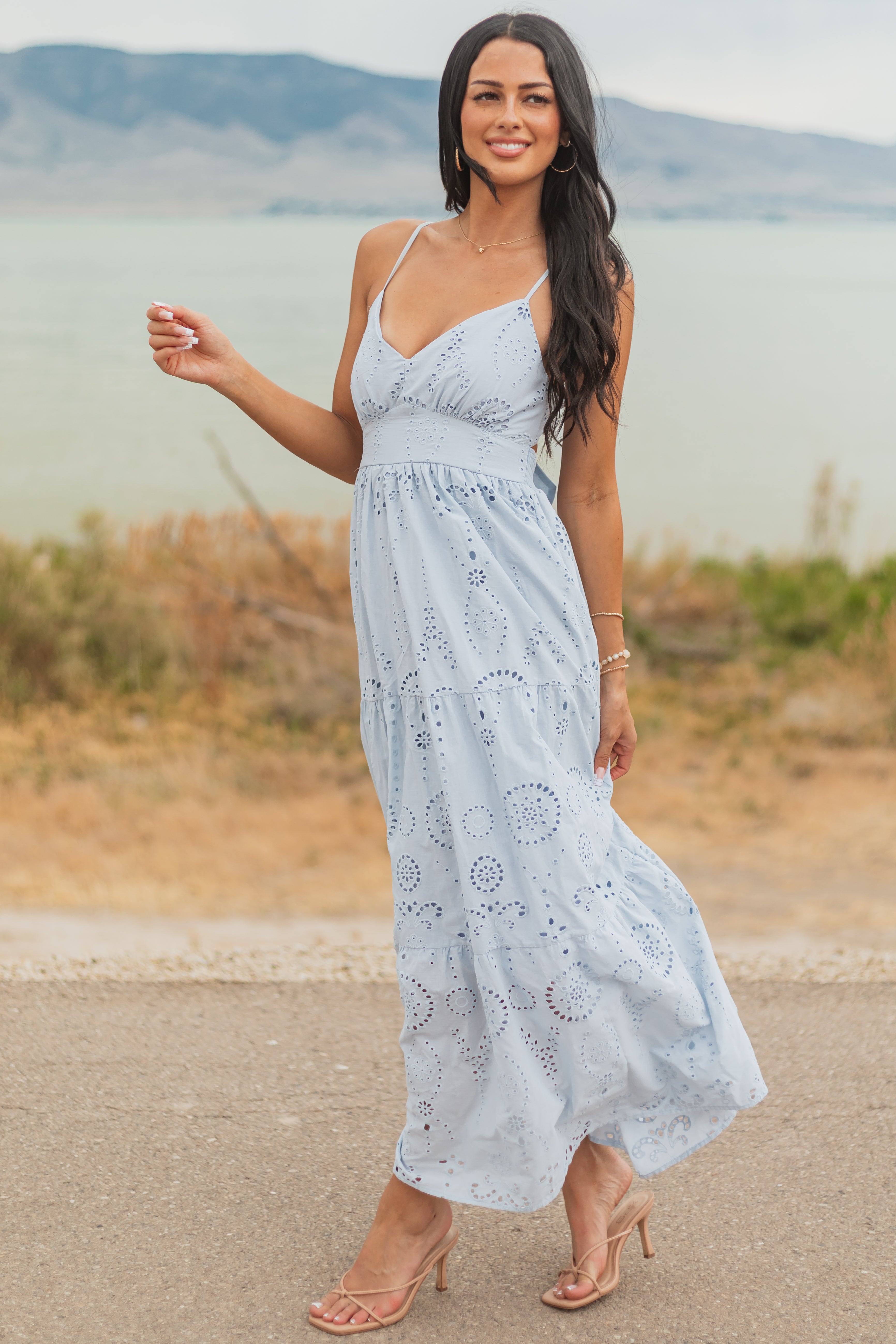 Sky Blue Floral Eyelet Sleeveless Cotton Maxi Dress Sky Blue Floral Eyelet Sleeveless Cotton Maxi Dress