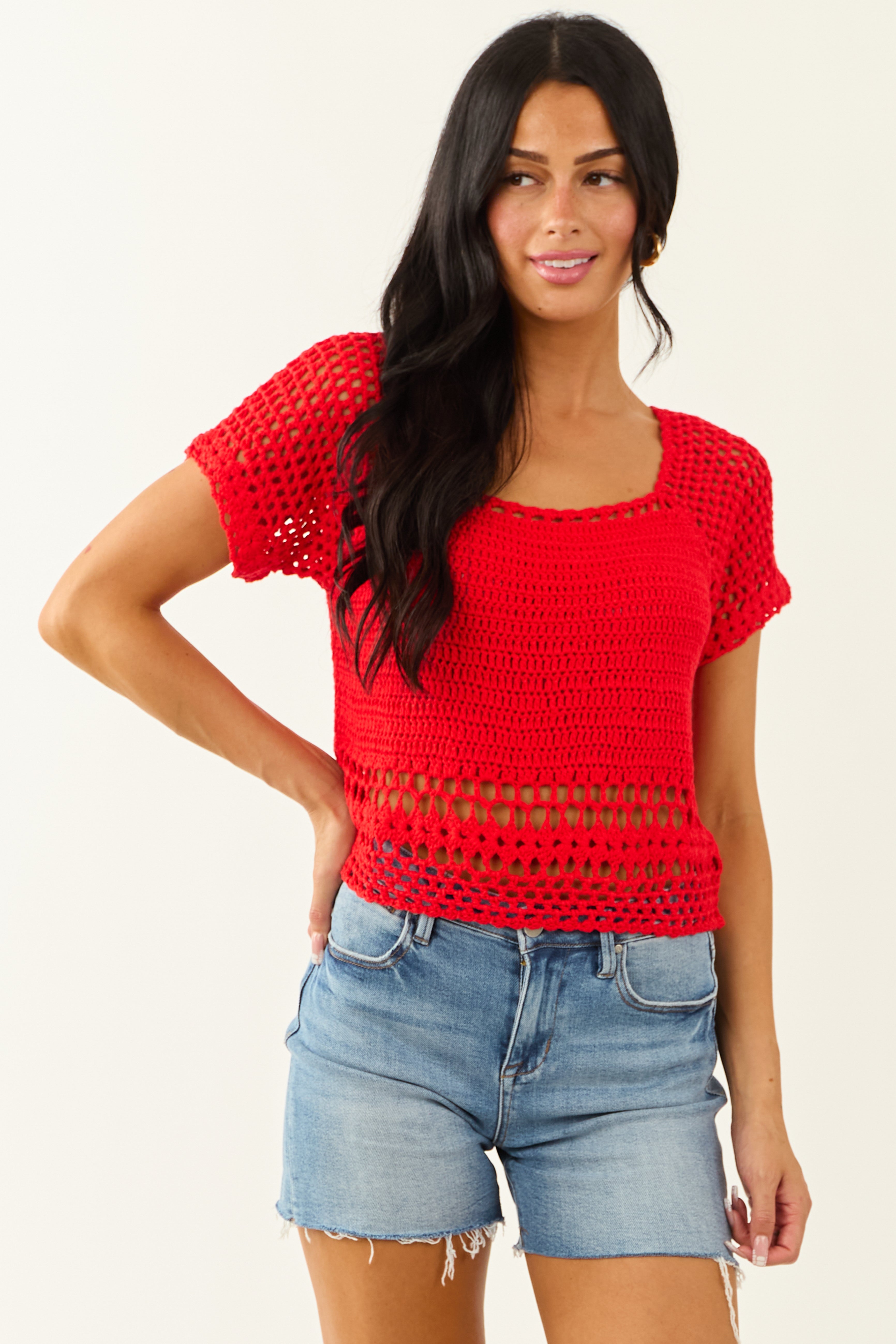 Lipstick Crochet Knit Short Sleeve Crop Top Lipstick Crochet Knit Short Sleeve Crop Top