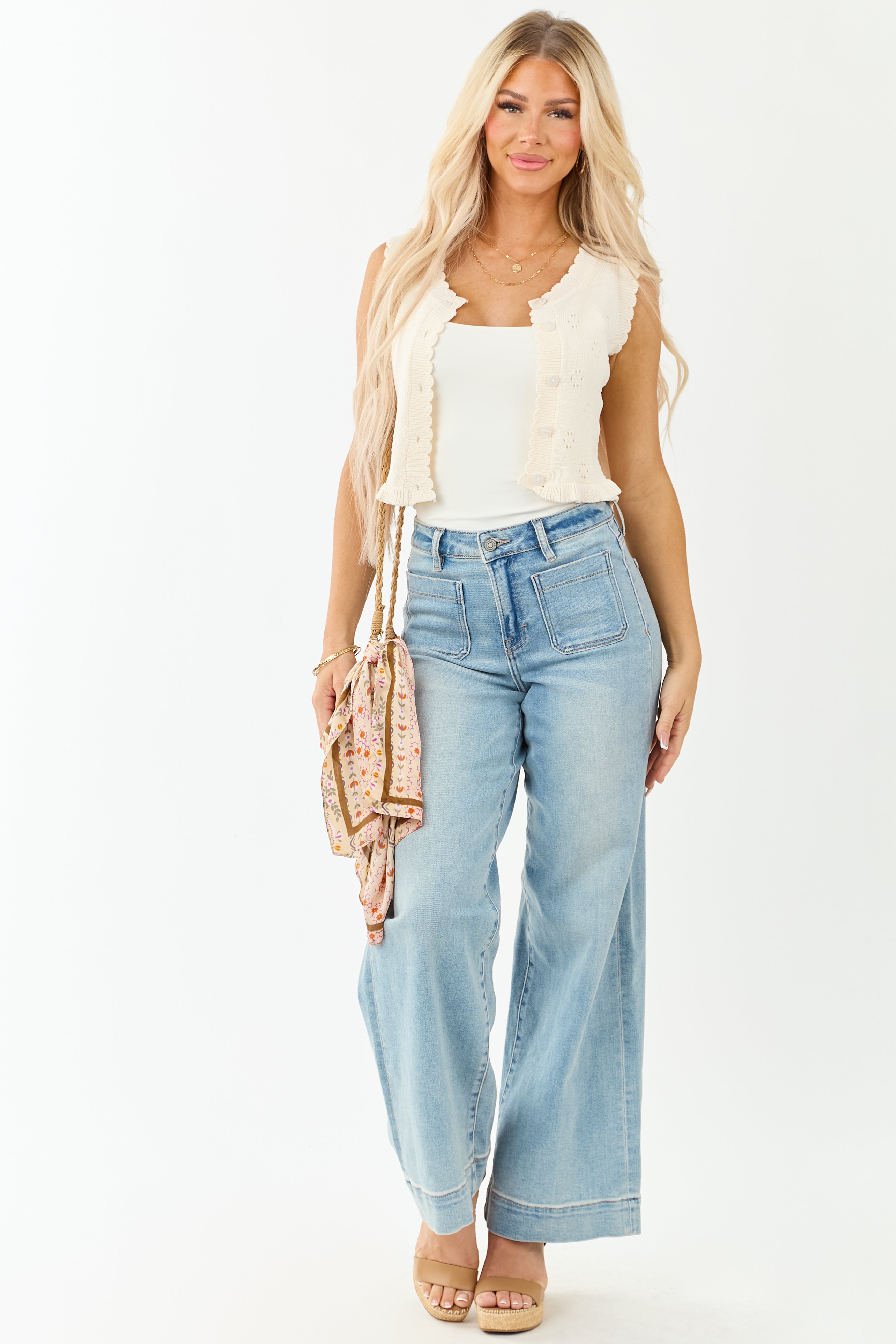 Cream Pointelle Knit Cropped Button Up Tank Top