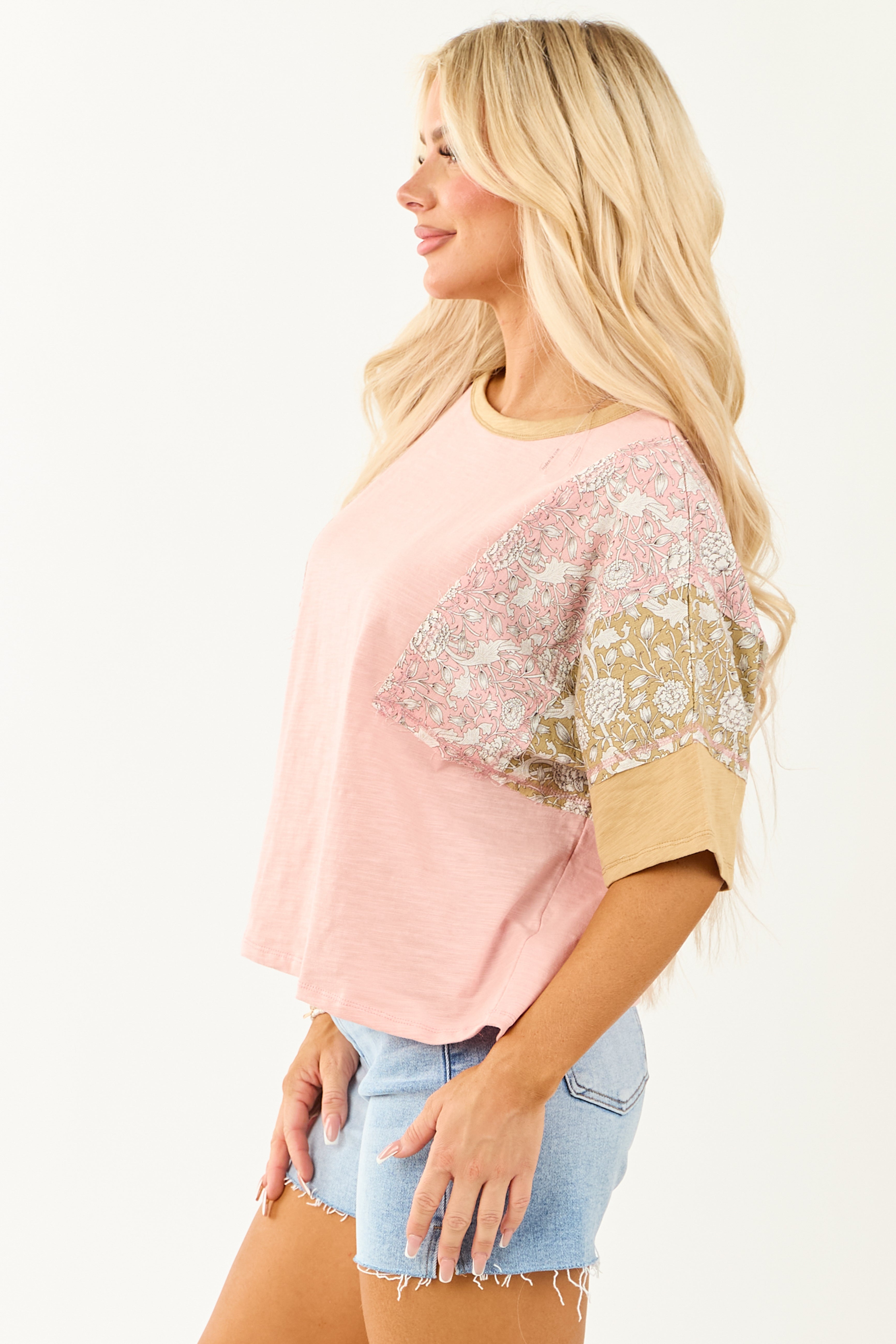 Baby Pink Patchwork Relaxed Half Sleeve Cotton Top