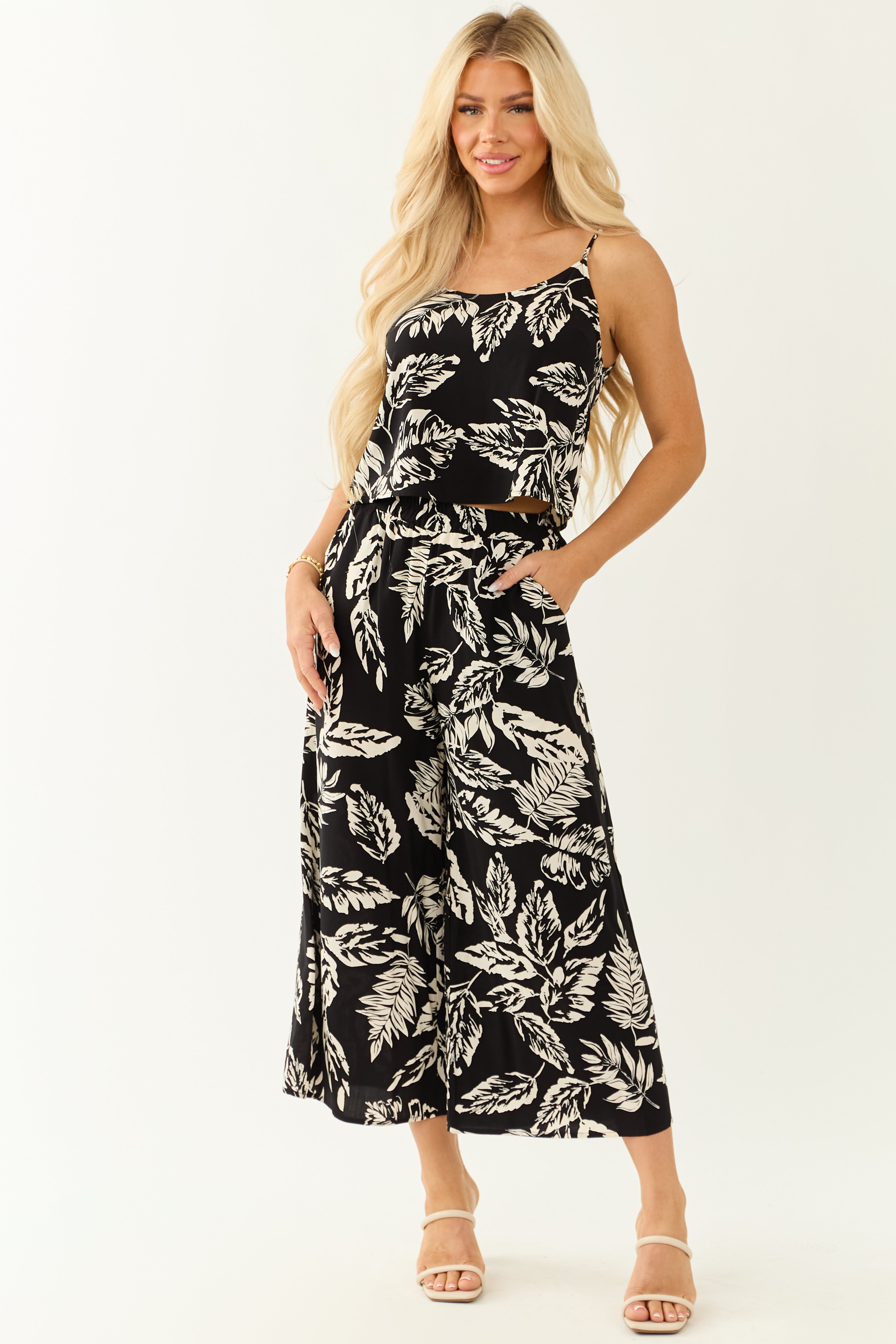 Black Leaf Print Cami Top and Wide Leg Pant Set Black Leaf Print Cami Top and Wide Leg Pant Set