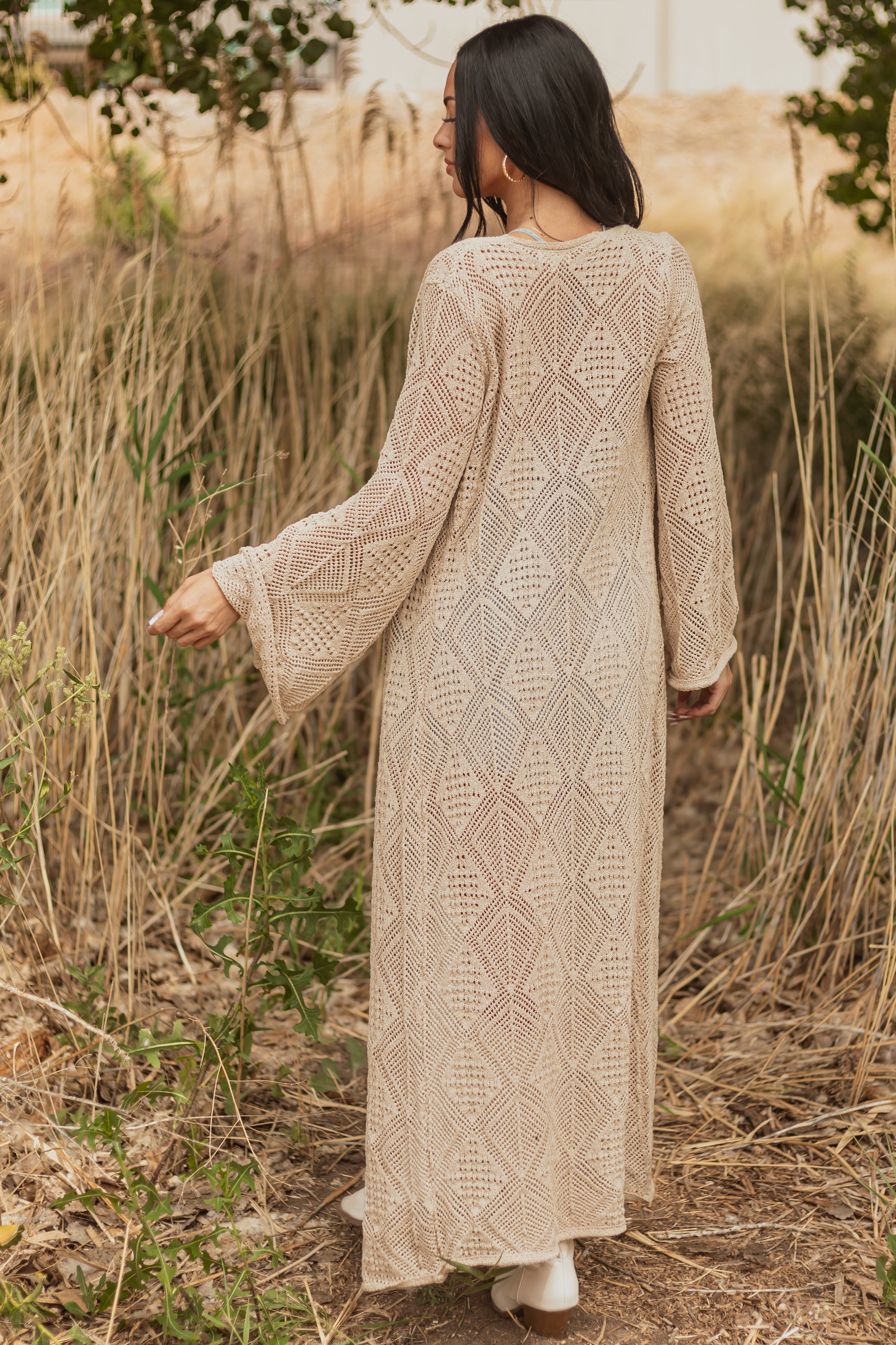 Almond Tie Front Flare Sleeve Knit Duster Cardigan Almond Tie Front Flare Sleeve Knit Duster Cardigan