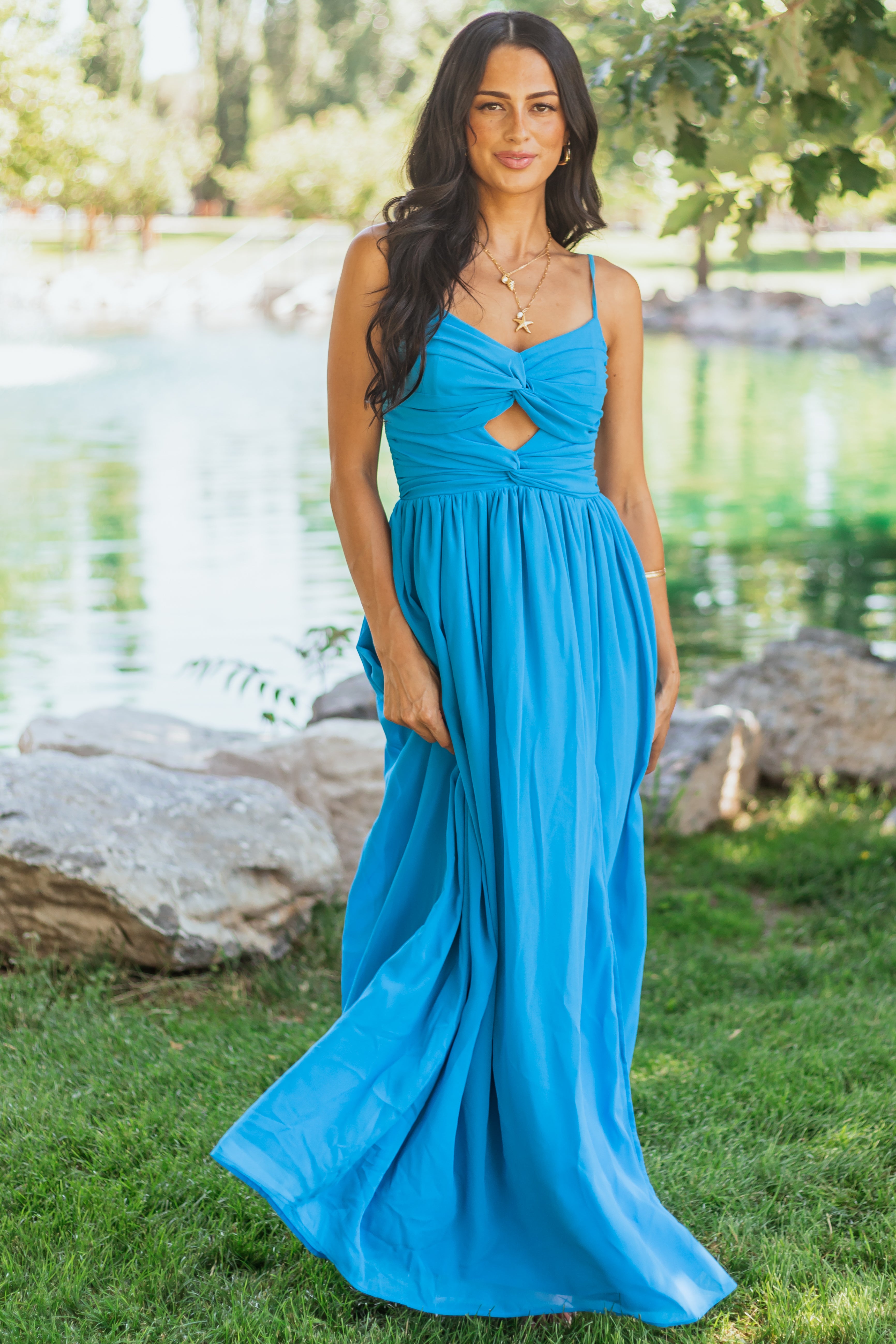 Azure Flowy Chiffon Front Twist Maxi Dress Azure Flowy Chiffon Front Twist Maxi Dress