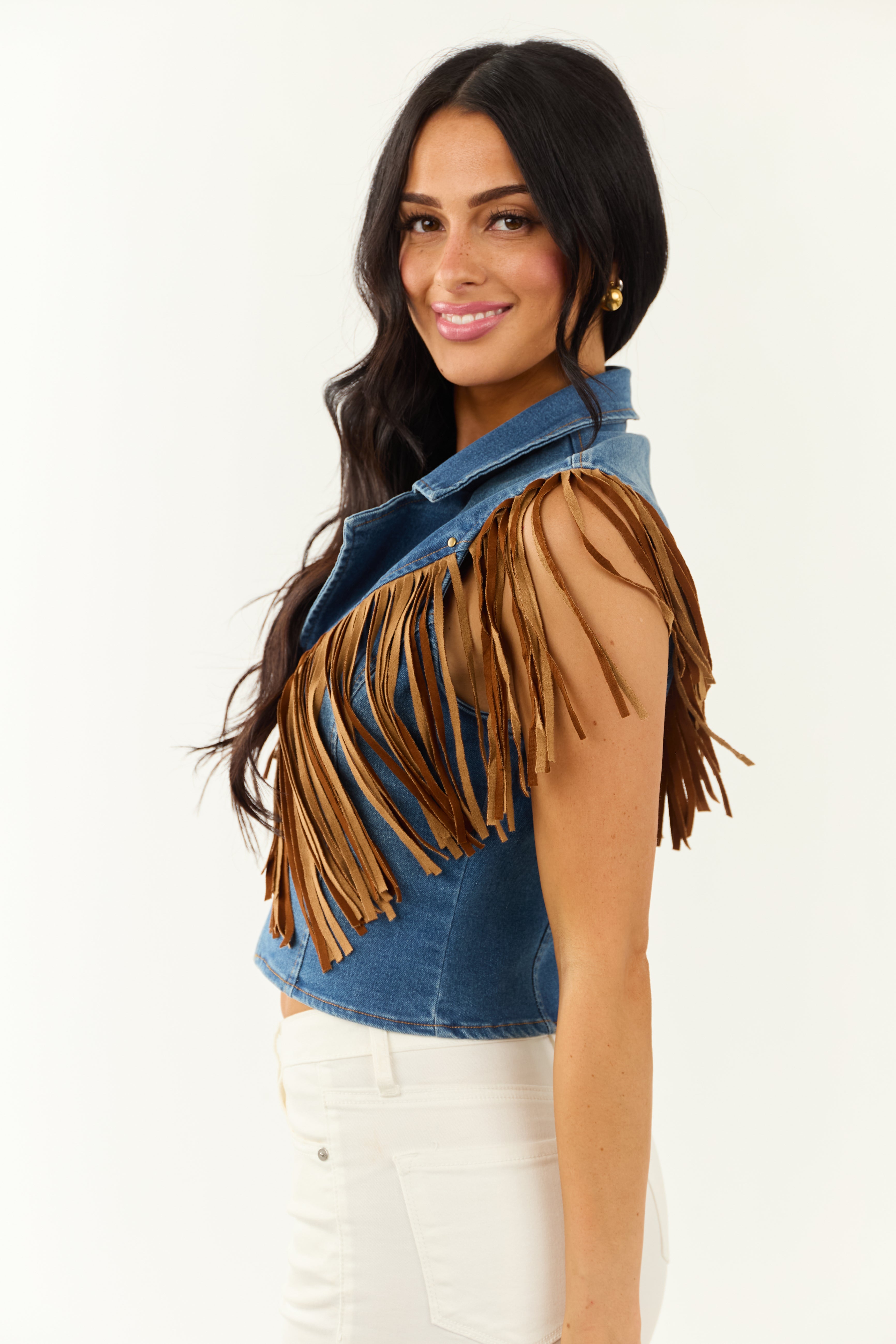 Medium Wash Stretchy Denim Fringe Zip Up Vest Medium Wash Stretchy Denim Fringe Zip Up Vest