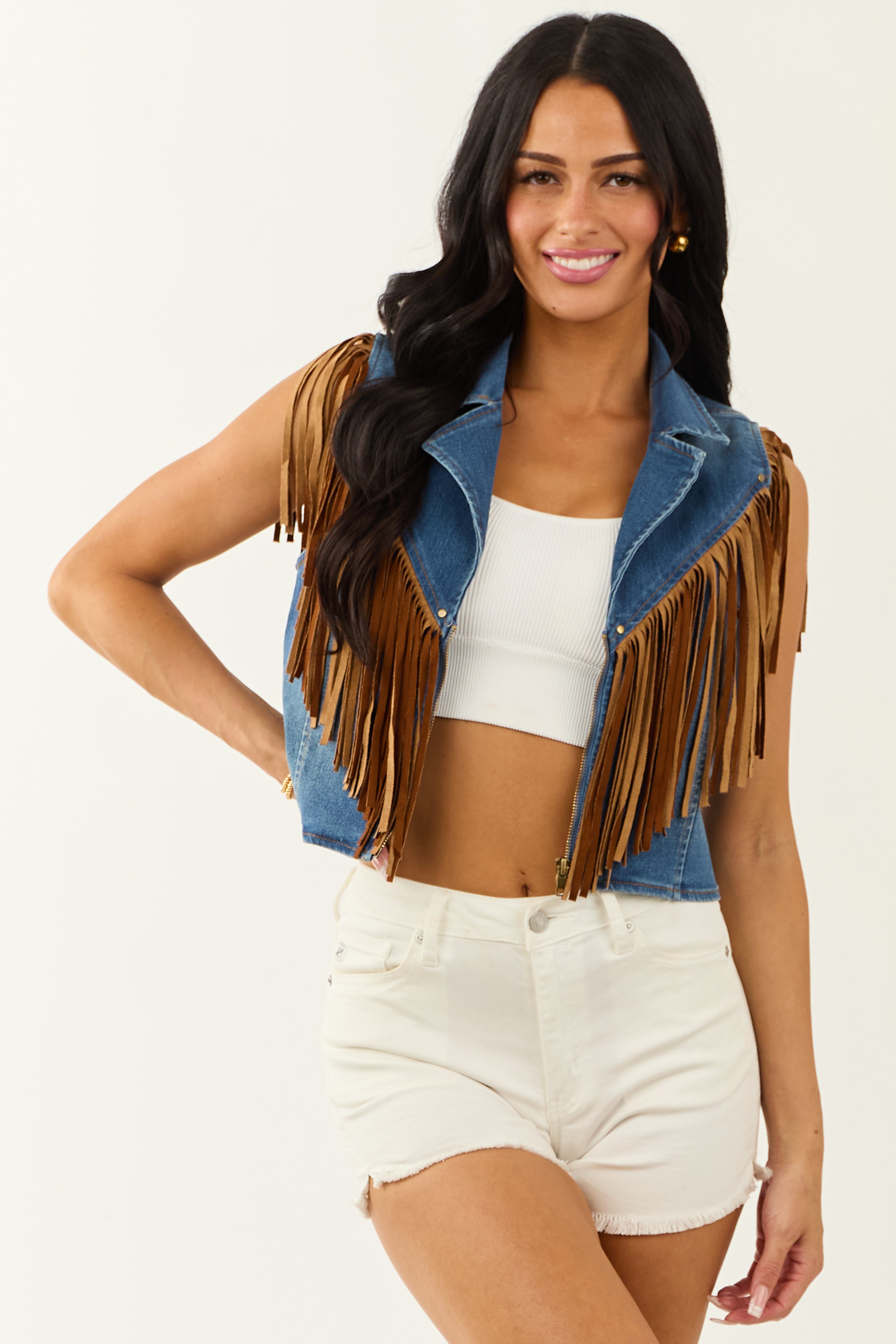 Medium Wash Stretchy Denim Fringe Zip Up Vest Medium Wash Stretchy Denim Fringe Zip Up Vest
